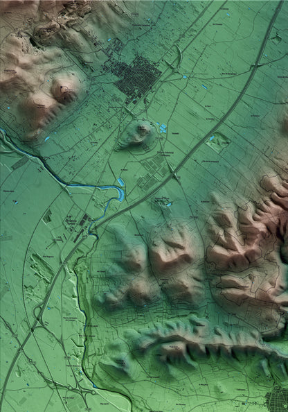 Mapa artístico del relieve de Alcanar, al Montsià, con 15 km de entorno y base topográfica ICGC. Detalle de la zona superior izquierda.