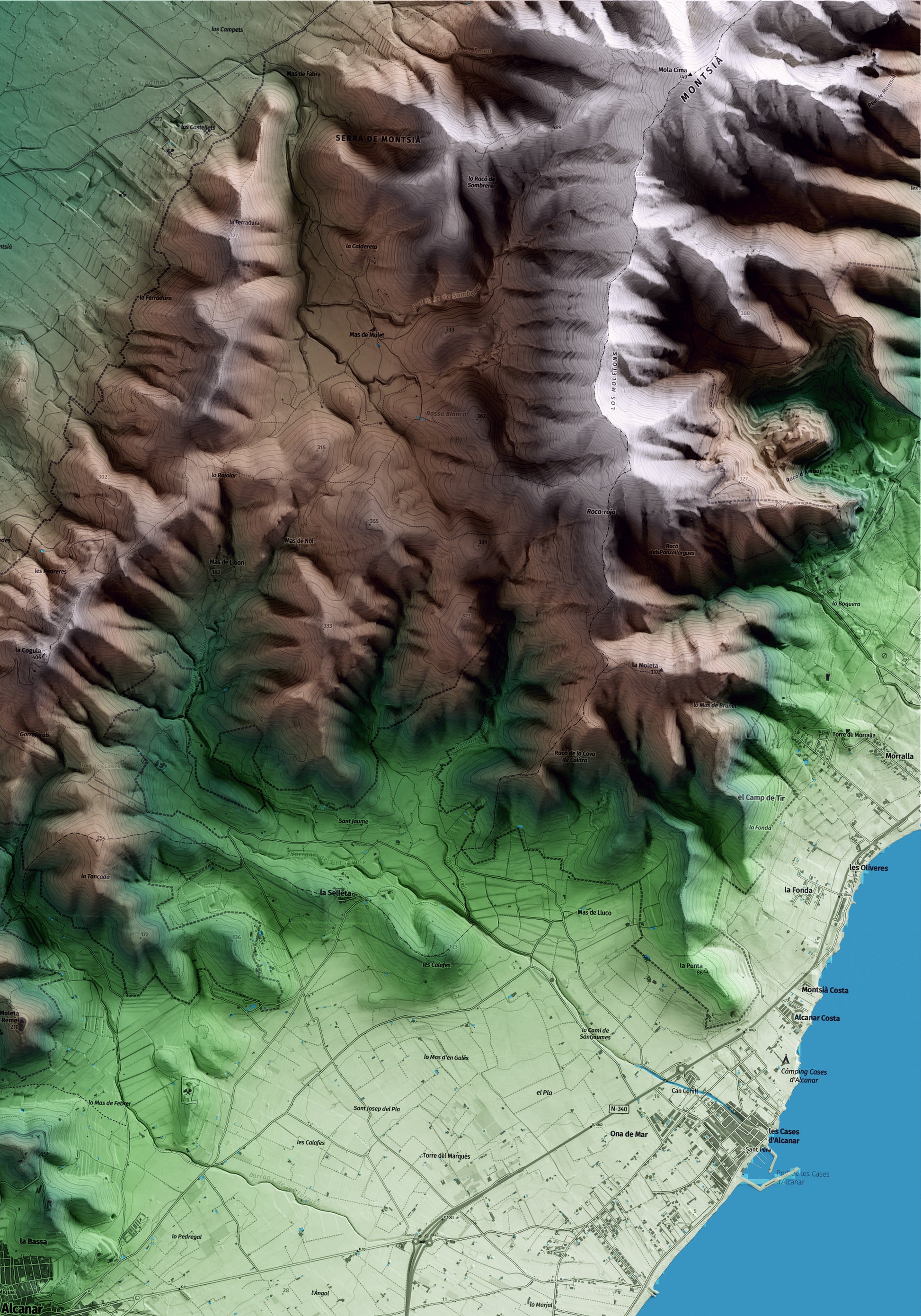 Mapa artístico del relieve de Alcanar, al Montsià, con 15 km de entorno y base topográfica ICGC. Detalle de la zona superior derecha.