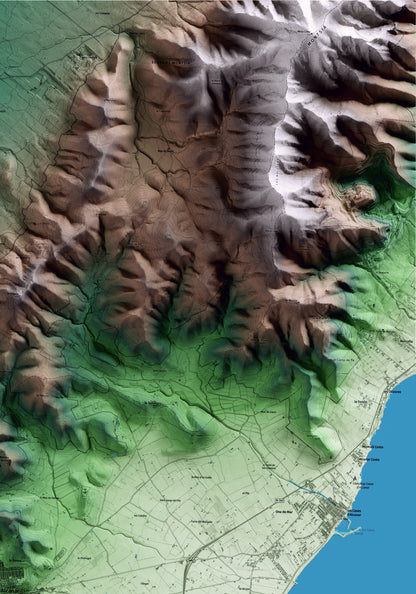 Mapa artístico del relieve de Alcanar, al Montsià, con 15 km de entorno y base topográfica ICGC. Detalle de la zona superior derecha.