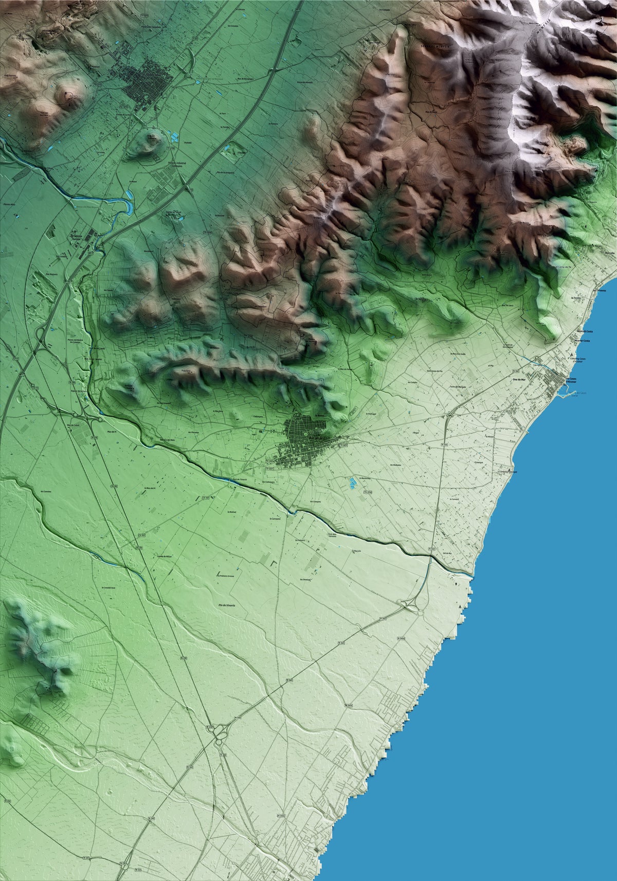 Mapa artístico del relieve de Alcanar, al Montsià, con 15 km de entorno y base topográfica ICGC