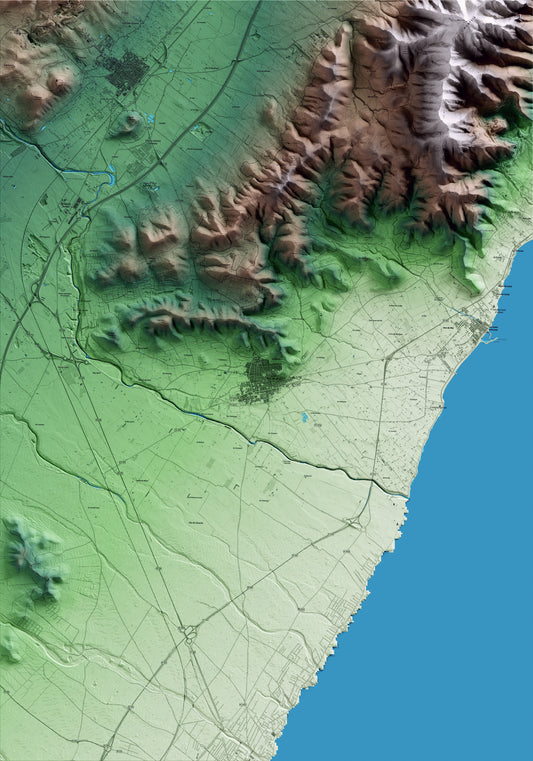 Mapa artístico del relieve de Alcanar, al Montsià, con 15 km de entorno y base topográfica ICGC