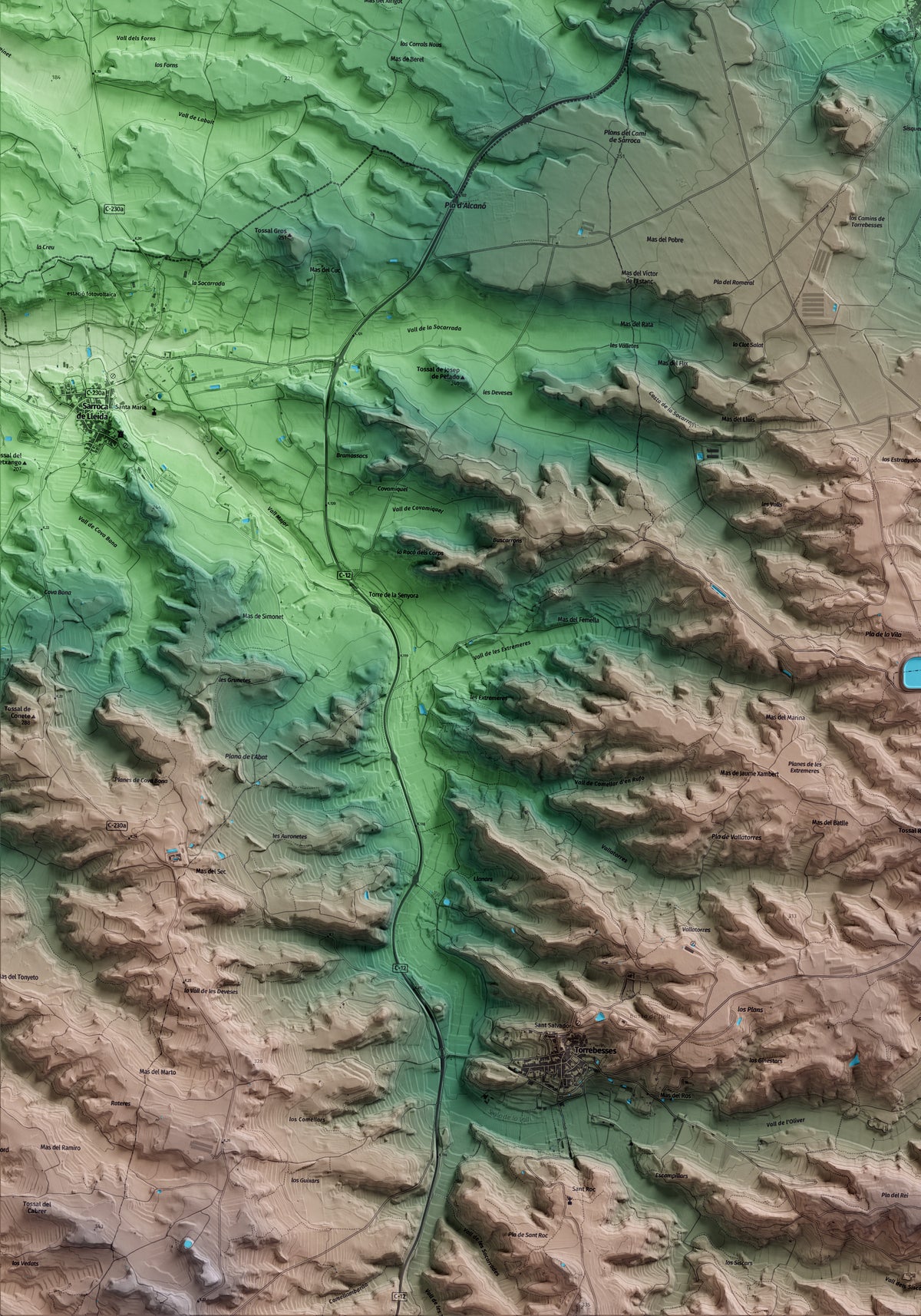 Mapa artístico del relieve de Alcanó, al Segrià, con 15 km de entorno y base topográfica ICGC. Detalle de la zona inferior izquierda.
