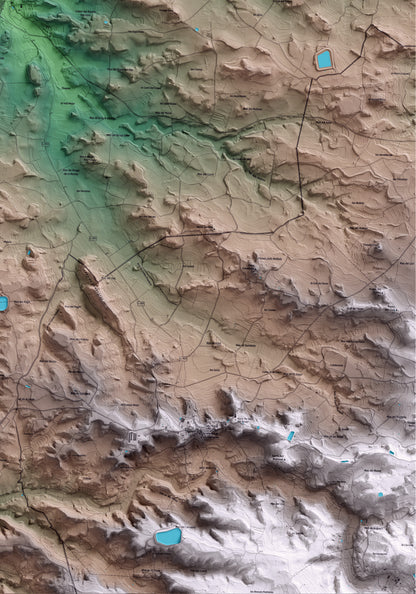 Mapa artístico del relieve de Alcanó, al Segrià, con 15 km de entorno y base topográfica ICGC. Detalle de la zona inferior derecha.