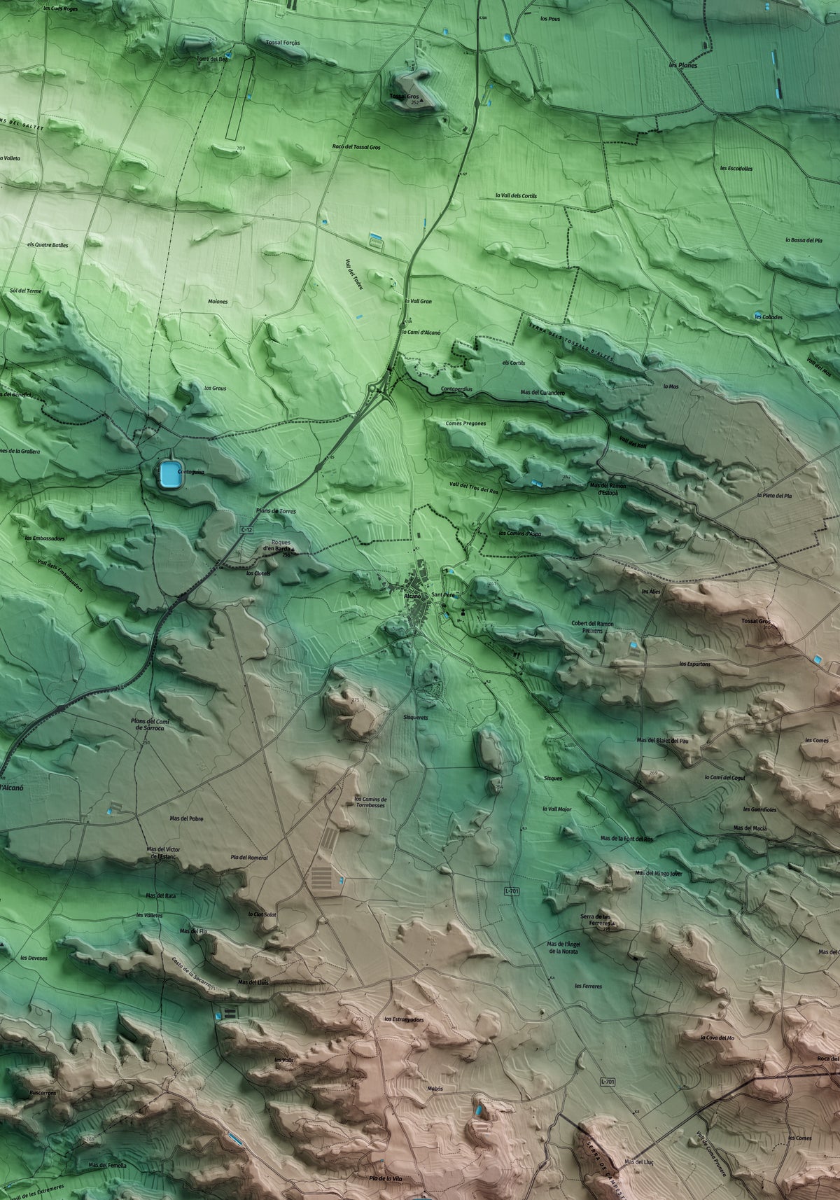 Mapa artístico del relieve de Alcanó, al Segrià, con 15 km de entorno y base topográfica ICGC. Detalle de la zona central.
