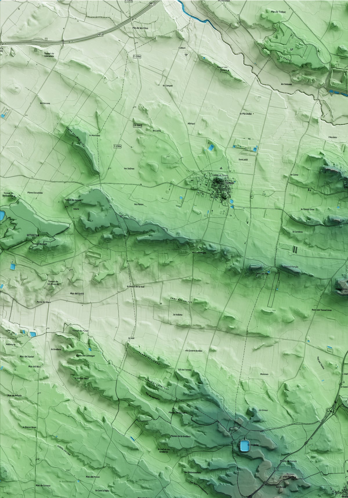 Mapa artístico del relieve de Alcanó, al Segrià, con 15 km de entorno y base topográfica ICGC. Detalle de la zona superior izquierda.
