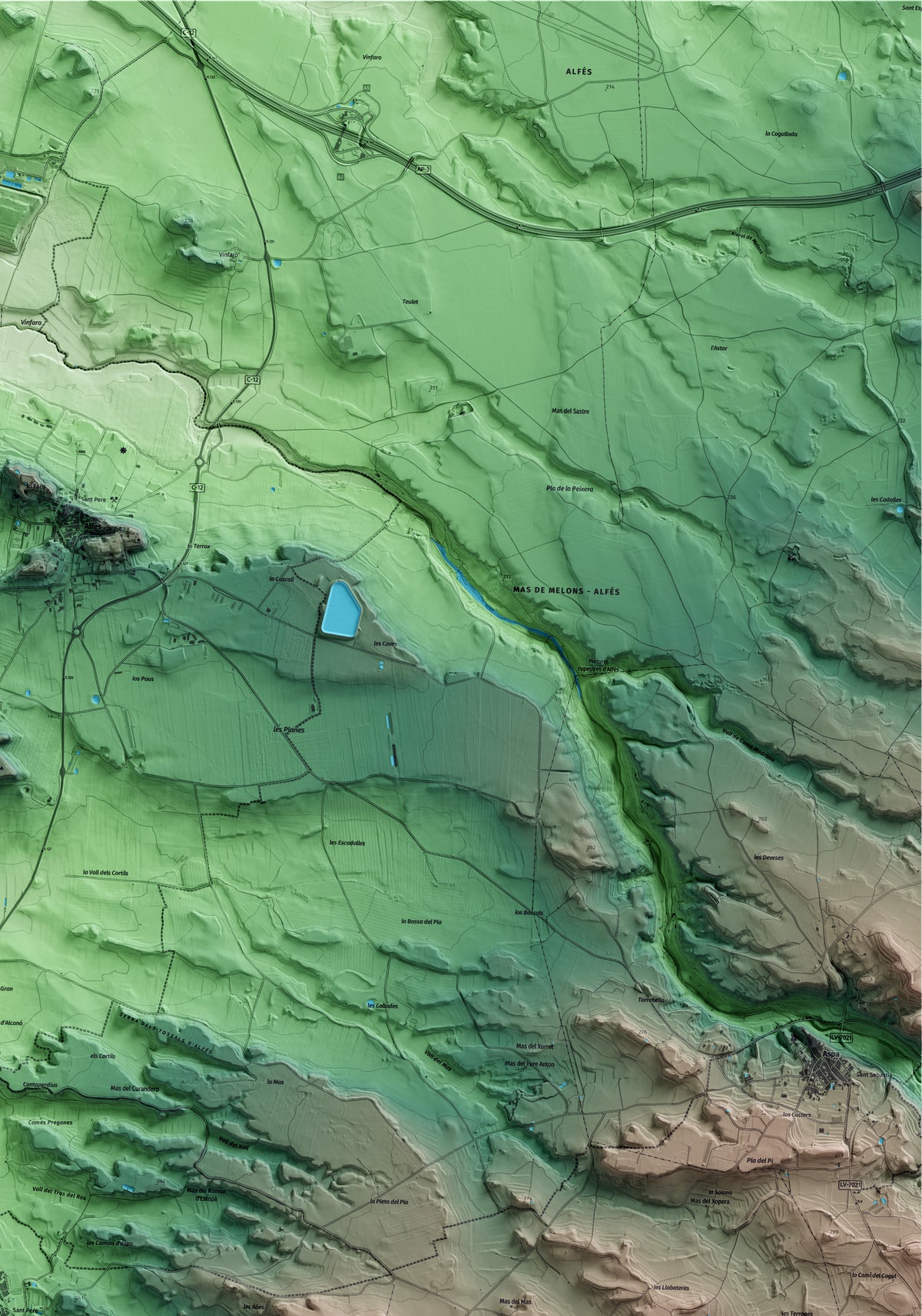 Mapa artístico del relieve de Alcanó, al Segrià, con 15 km de entorno y base topográfica ICGC. Detalle de la zona superior derecha.