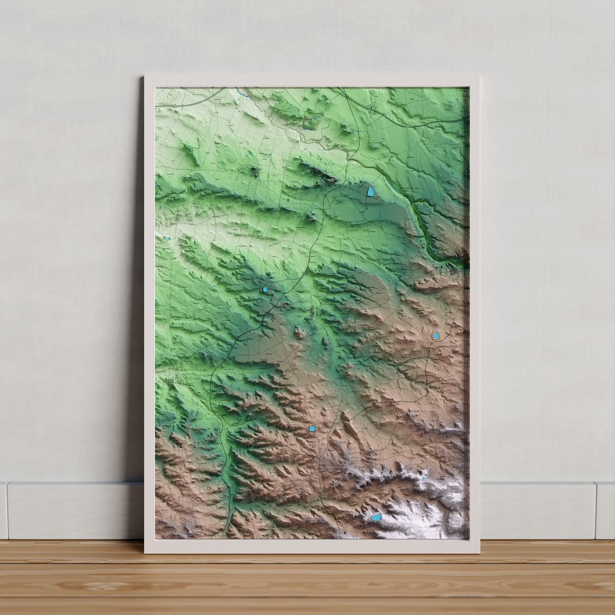 Mapa artístico del relieve de Alcanó, al Segrià, con 15 km de entorno y base topográfica ICGC. Presentación enmarcada.