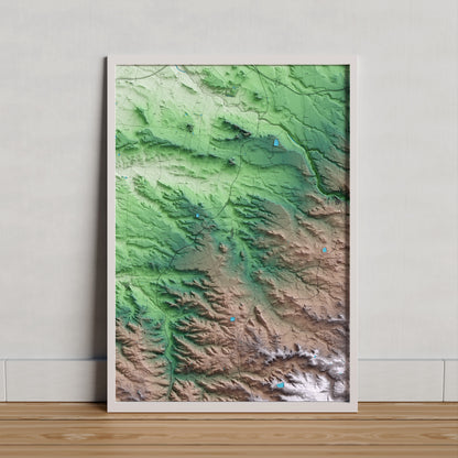 Mapa artístico del relieve de Alcanó, al Segrià, con 15 km de entorno y base topográfica ICGC. Presentación enmarcada.