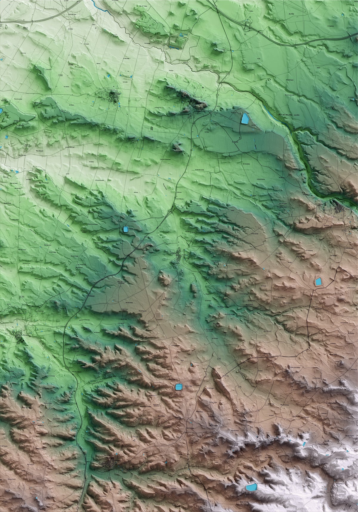 Mapa artístico del relieve de Alcanó, al Segrià, con 15 km de entorno y base topográfica ICGC