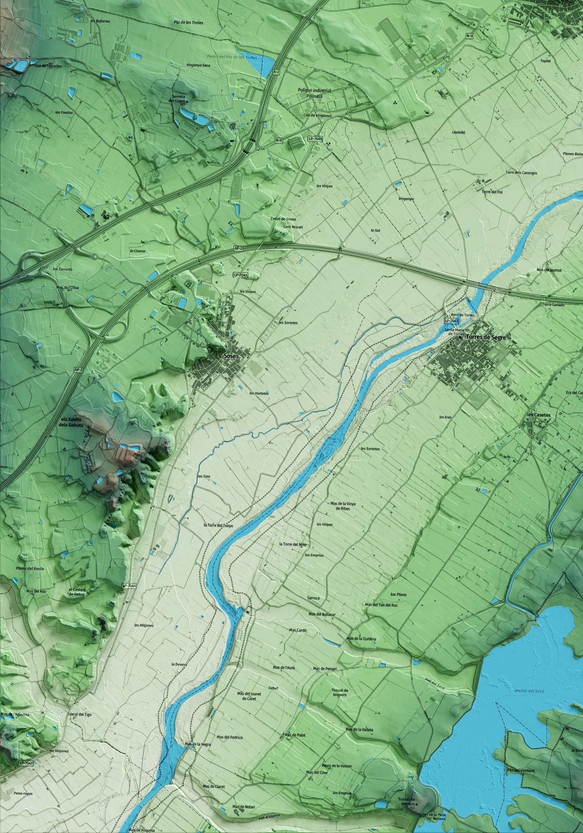 Mapa artístico del relieve de Alcarràs, al Segrià, con 15 km de entorno y base topográfica ICGC. Detalle de la zona inferior izquierda.