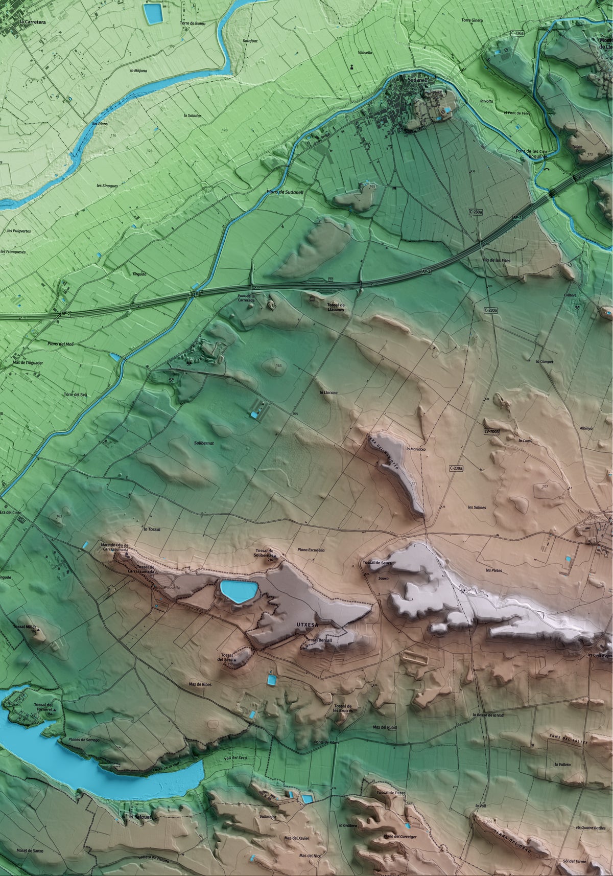 Mapa artístico del relieve de Alcarràs, al Segrià, con 15 km de entorno y base topográfica ICGC. Detalle de la zona inferior derecha.