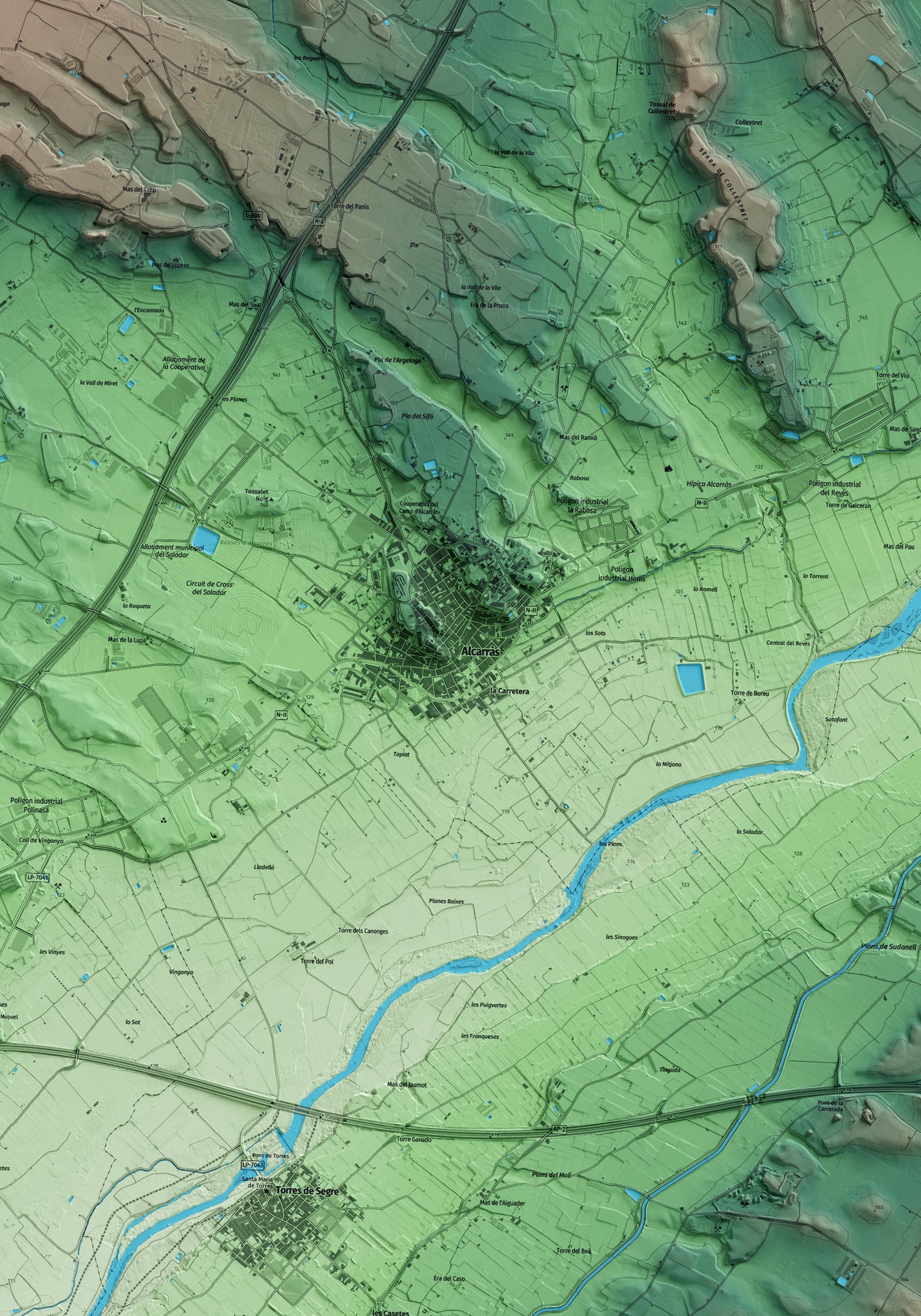 Mapa artístico del relieve de Alcarràs, al Segrià, con 15 km de entorno y base topográfica ICGC. Detalle de la zona central.