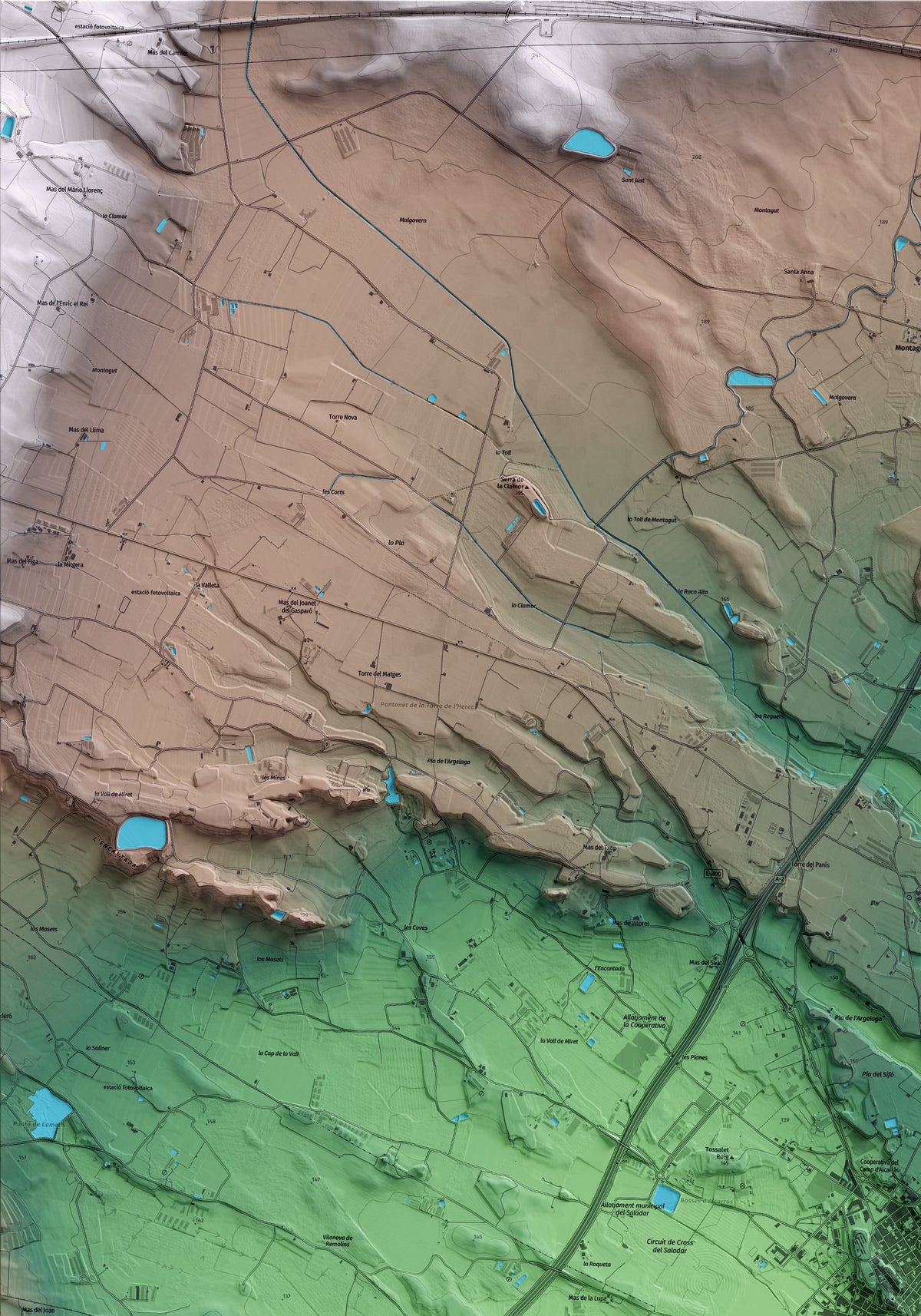 Mapa artístico del relieve de Alcarràs, al Segrià, con 15 km de entorno y base topográfica ICGC. Detalle de la zona superior izquierda.