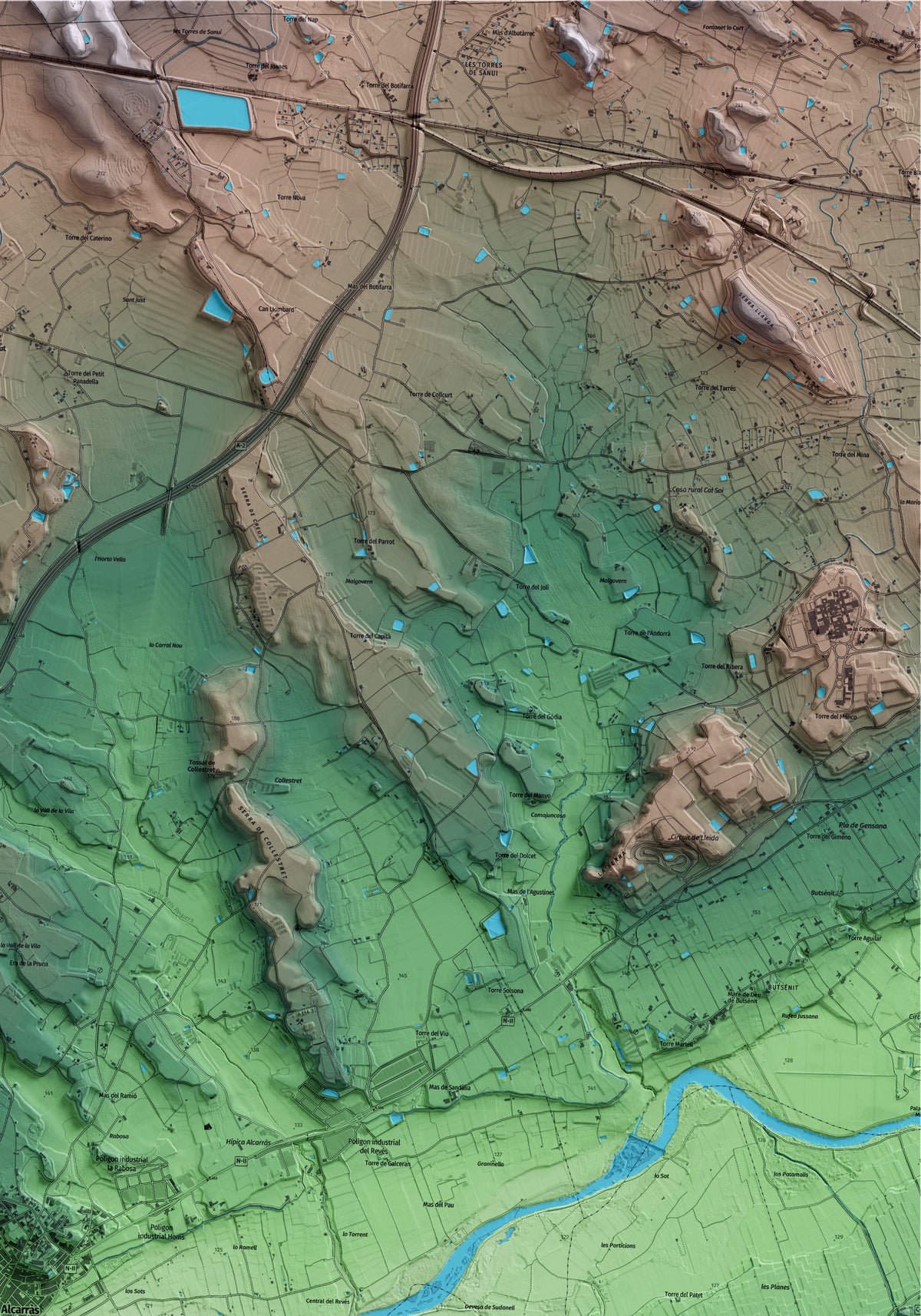 Mapa artístico del relieve de Alcarràs, al Segrià, con 15 km de entorno y base topográfica ICGC. Detalle de la zona superior derecha.