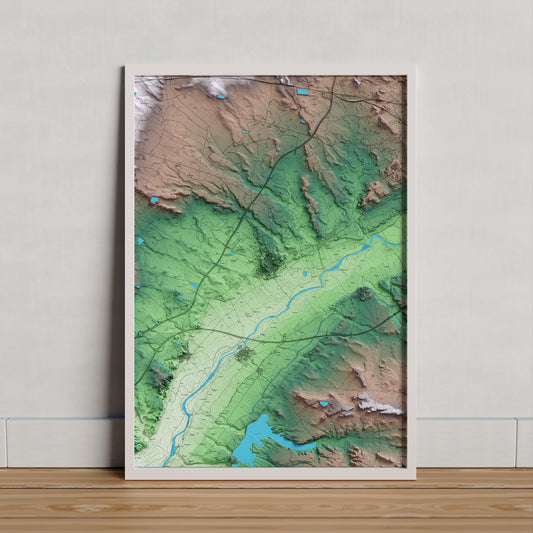 Mapa artístico del relieve de Alcarràs, al Segrià, con 15 km de entorno y base topográfica ICGC. Presentación enmarcada.