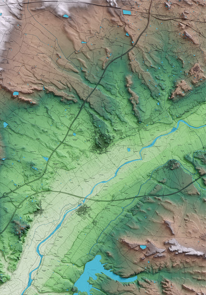 Mapa artístico del relieve de Alcarràs, al Segrià, con 15 km de entorno y base topográfica ICGC