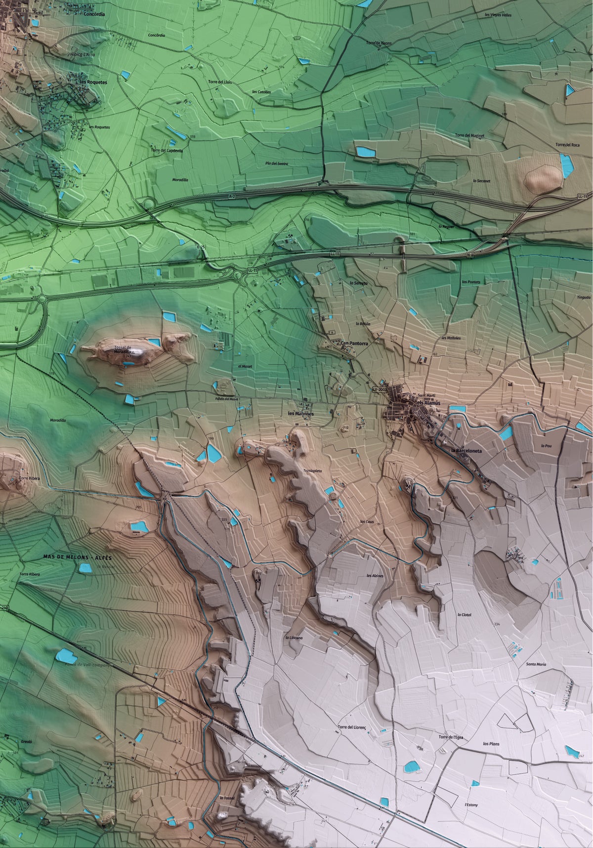 Mapa artístico del relieve de Alcoletge, al Segrià, con 15 km de entorno y base topográfica ICGC. Detalle de la zona inferior derecha.