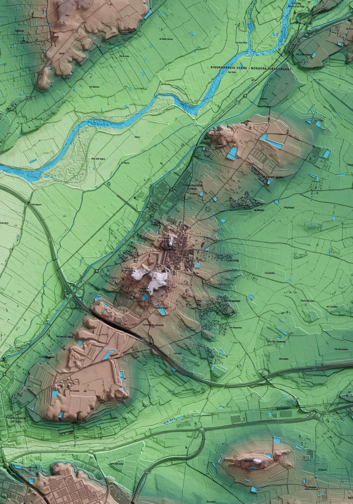 Mapa artístico del relieve de Alcoletge, al Segrià, con 15 km de entorno y base topográfica ICGC. Detalle de la zona central.