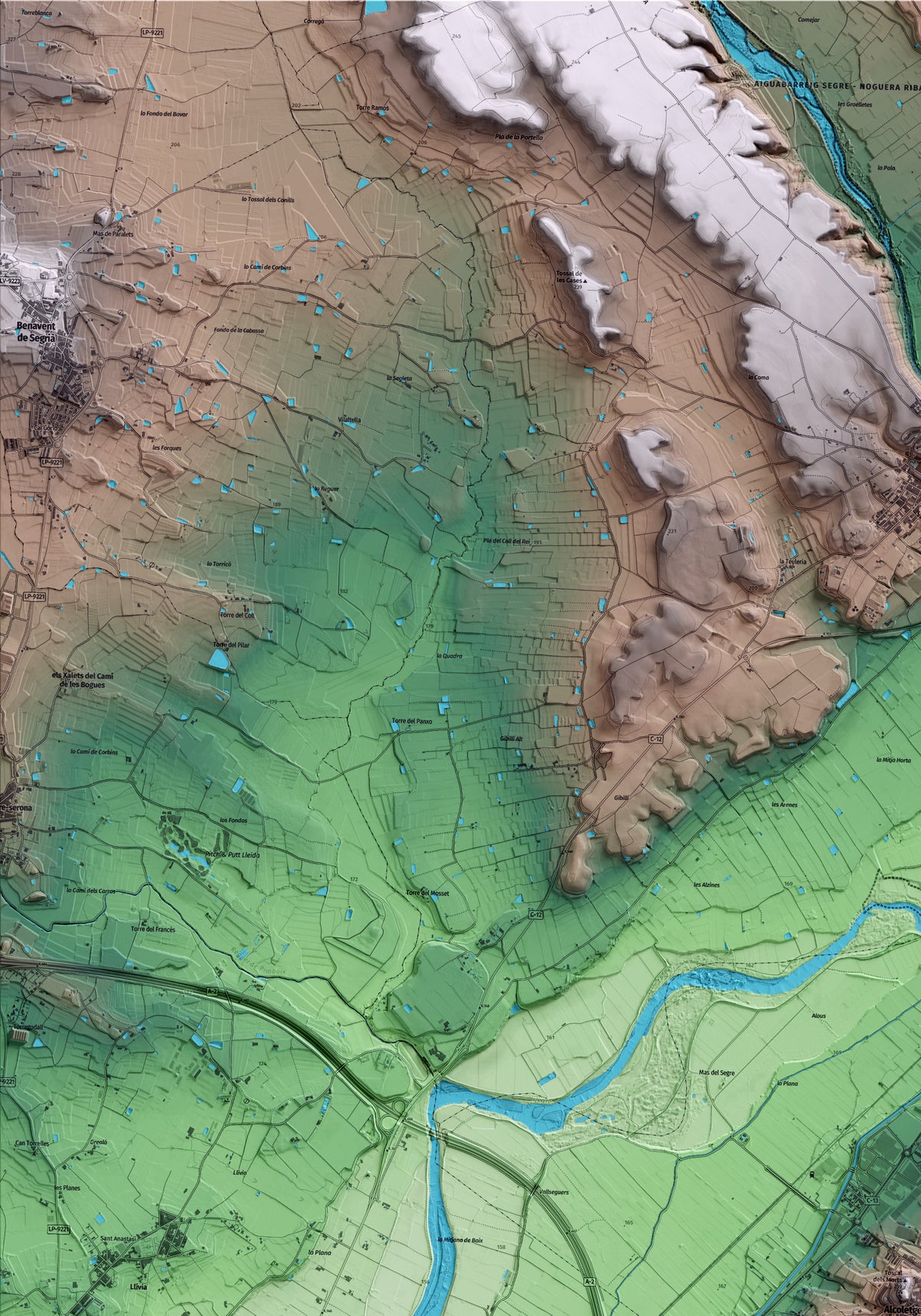 Mapa artístico del relieve de Alcoletge, al Segrià, con 15 km de entorno y base topográfica ICGC. Detalle de la zona superior izquierda.