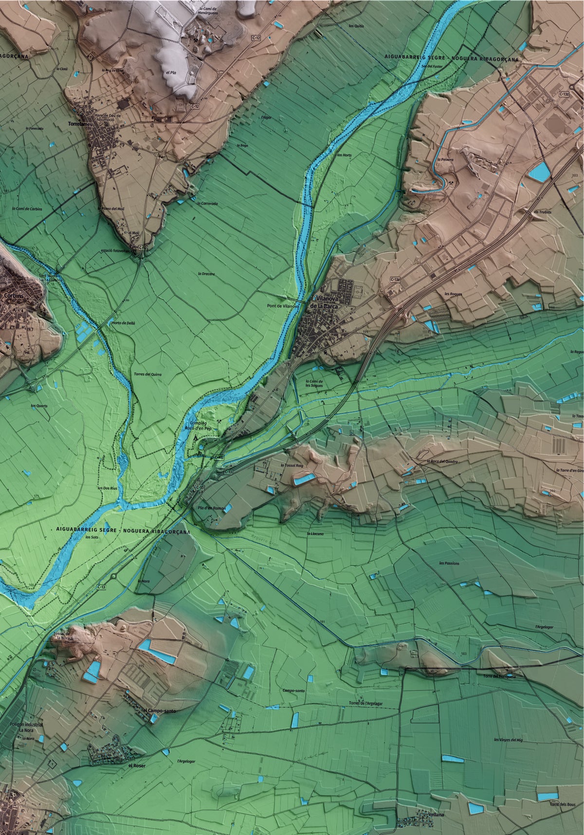Mapa artístico del relieve de Alcoletge, al Segrià, con 15 km de entorno y base topográfica ICGC. Detalle de la zona superior derecha.