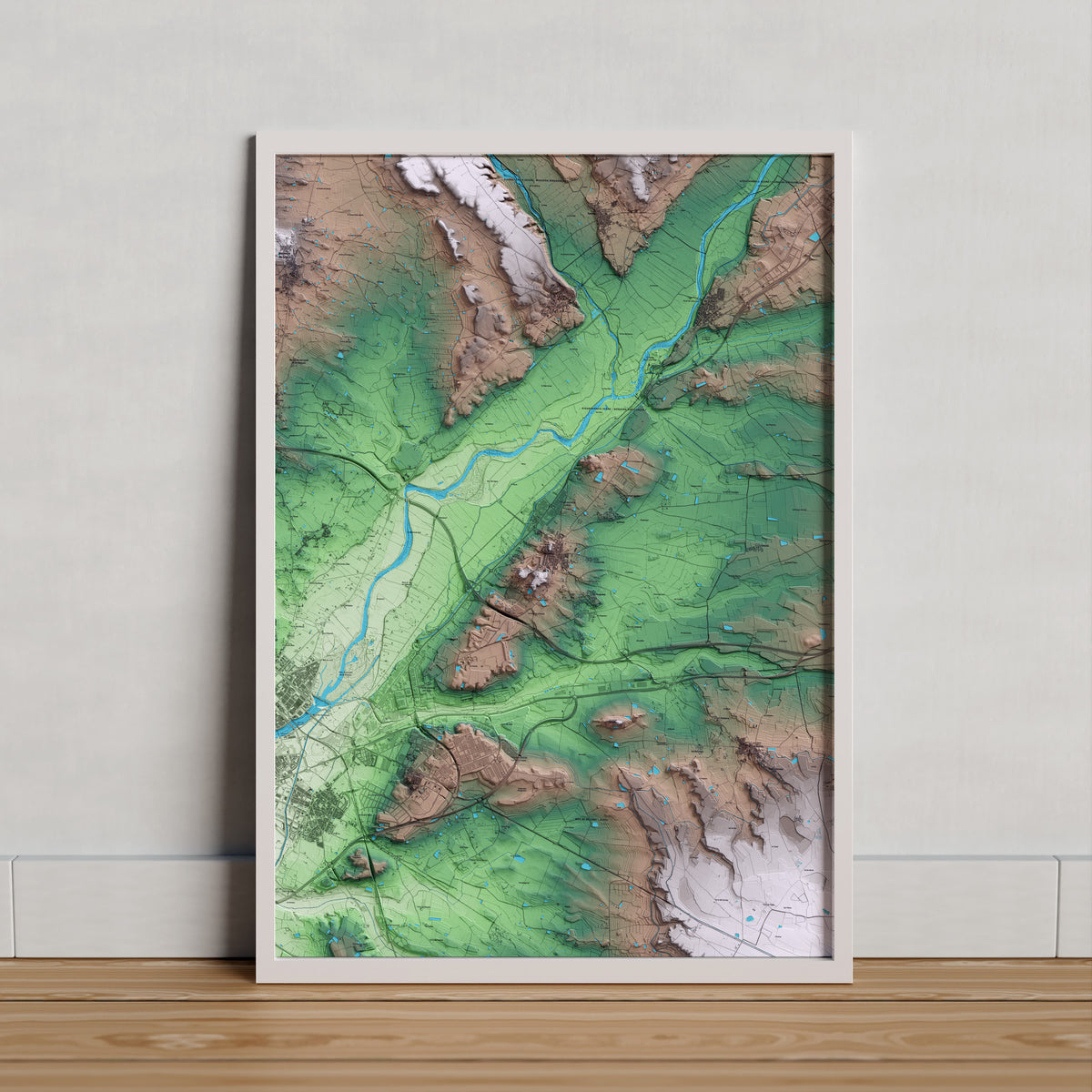 Mapa artístico del relieve de Alcoletge, al Segrià, con 15 km de entorno y base topográfica ICGC. Presentación enmarcada.