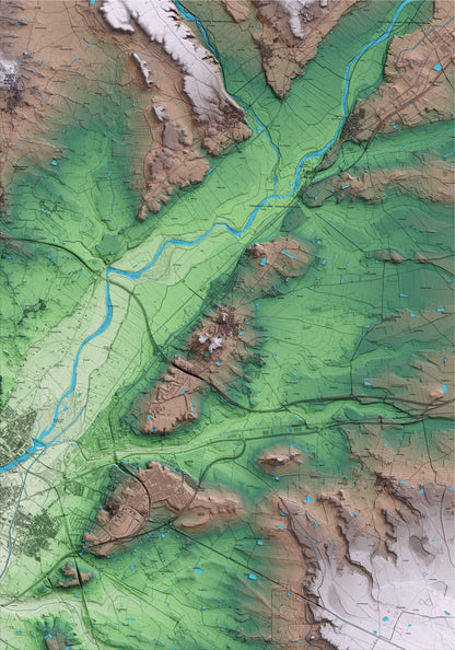 Mapa artístico del relieve de Alcoletge, al Segrià, con 15 km de entorno y base topográfica ICGC