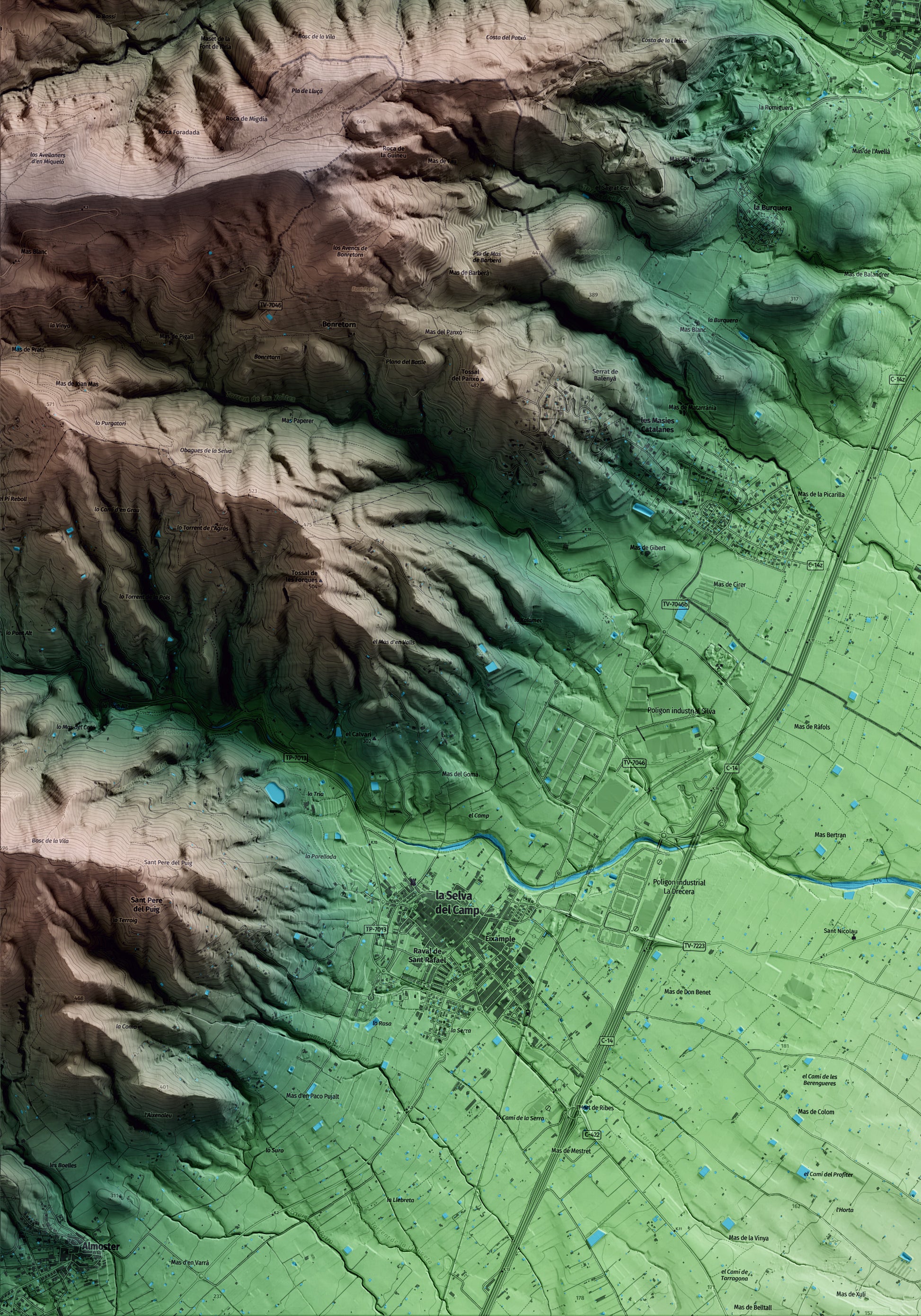 Mapa artístico del relieve de Alcover, al Alt Camp, con 15 km de entorno y base topográfica ICGC. Detalle de la zona inferior izquierda.