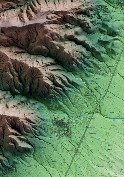 Mapa artístico del relieve de Alcover, al Alt Camp, con 15 km de entorno y base topográfica ICGC. Detalle de la zona inferior izquierda.