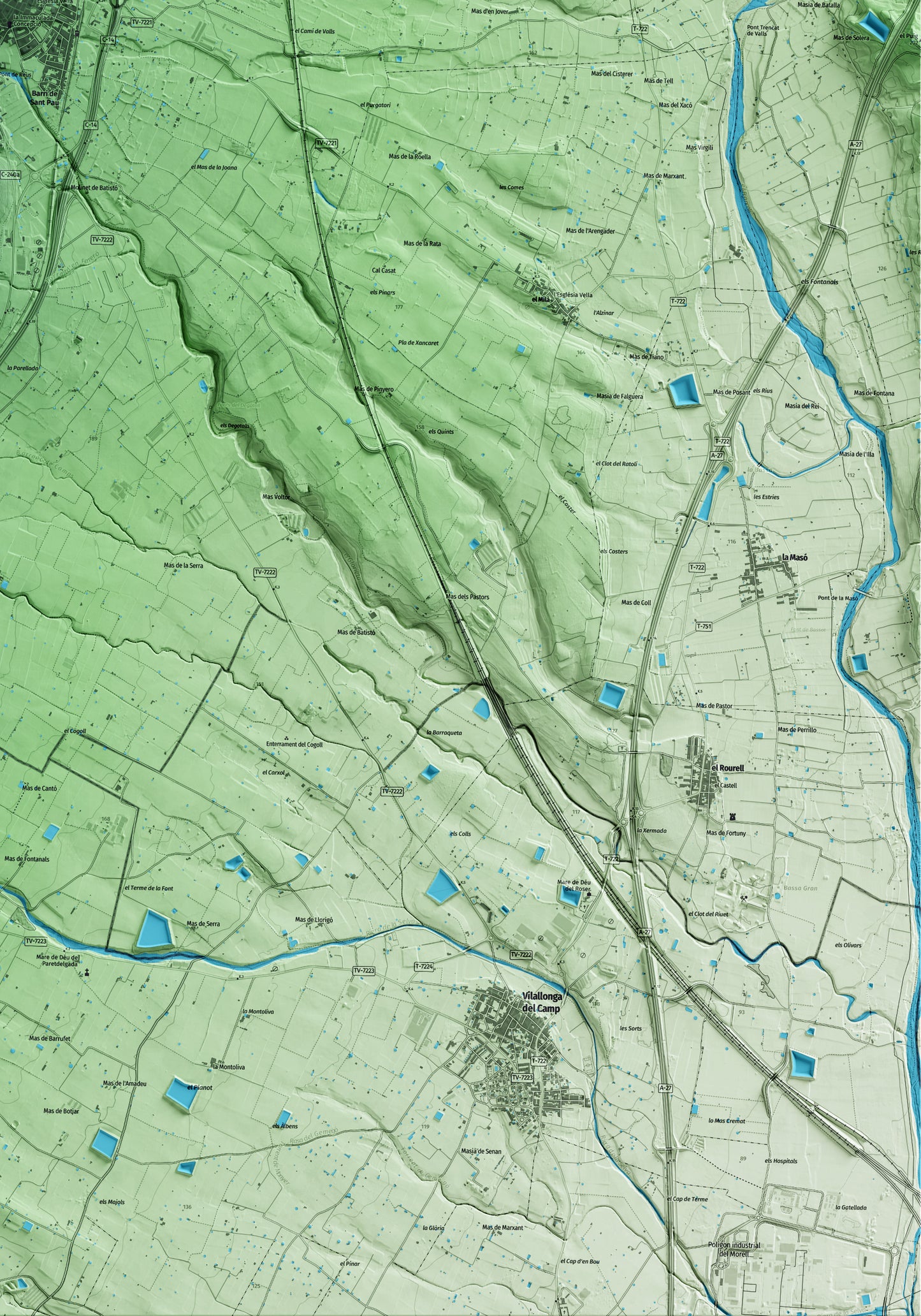 Mapa artístico del relieve de Alcover, al Alt Camp, con 15 km de entorno y base topográfica ICGC. Detalle de la zona inferior derecha.