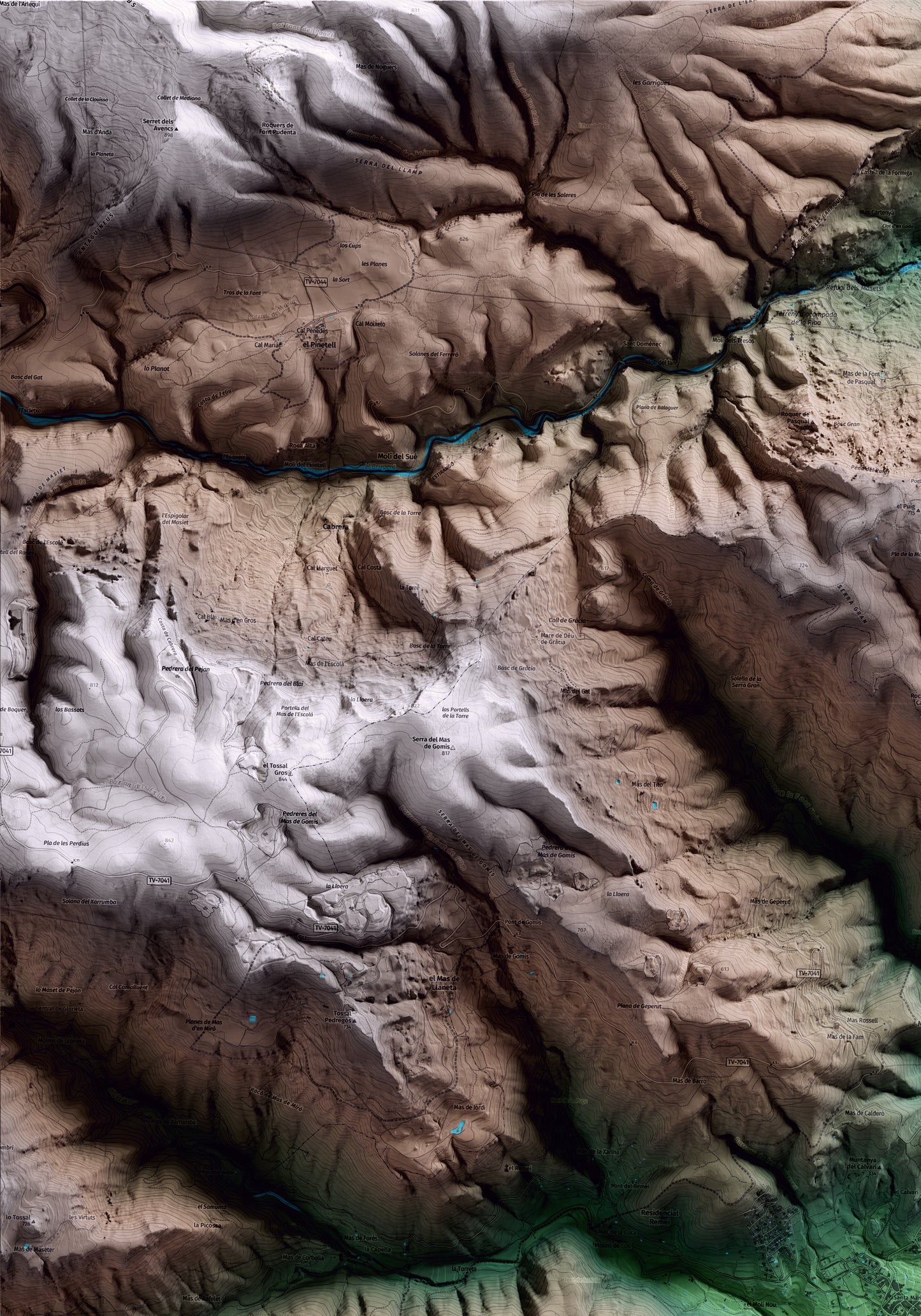 Mapa artístico del relieve de Alcover, al Alt Camp, con 15 km de entorno y base topográfica ICGC. Detalle de la zona superior izquierda.