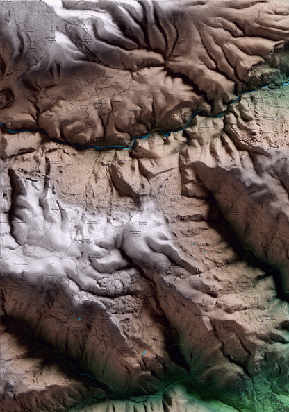 Mapa artístico del relieve de Alcover, al Alt Camp, con 15 km de entorno y base topográfica ICGC. Detalle de la zona superior izquierda.