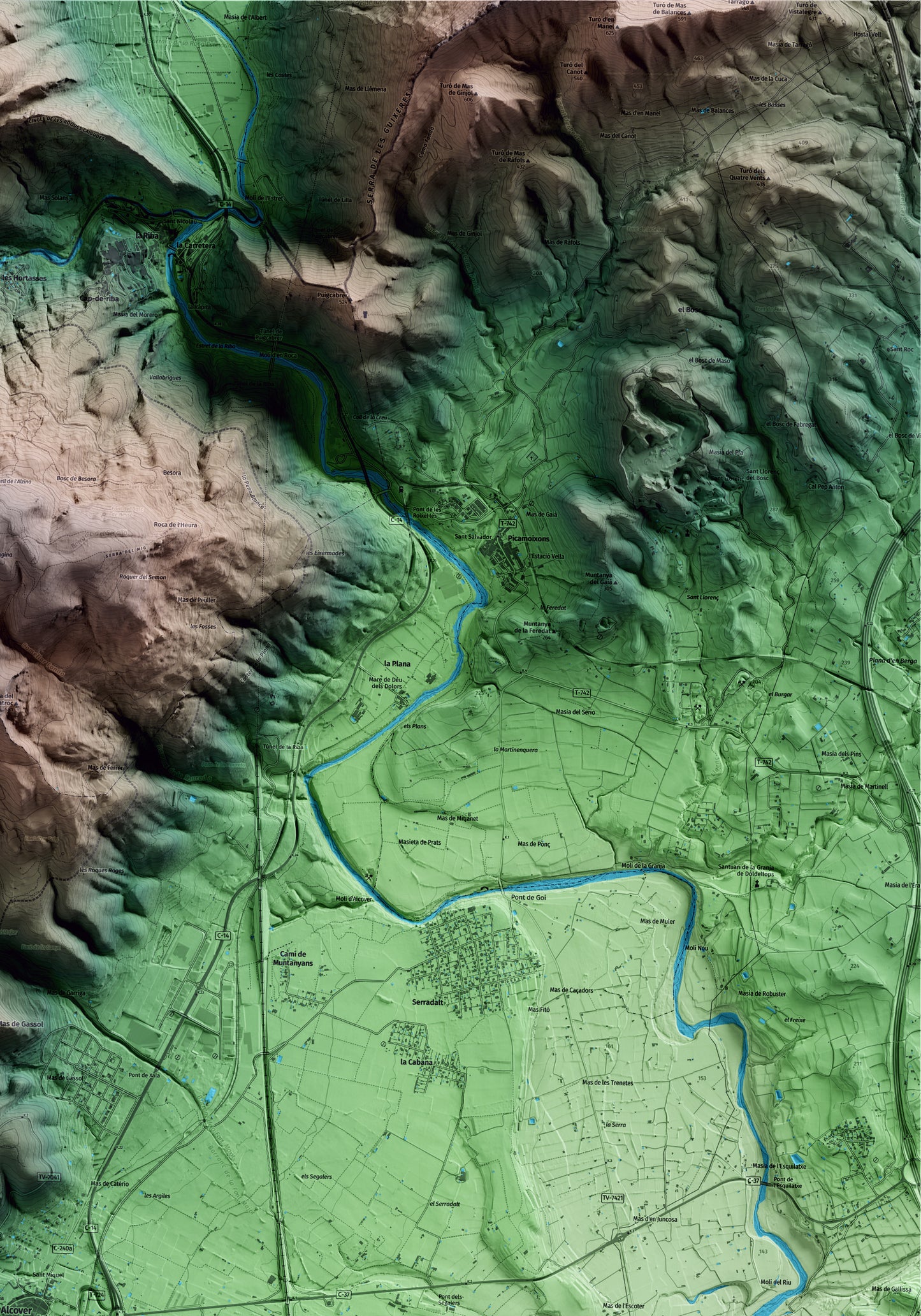 Mapa artístico del relieve de Alcover, al Alt Camp, con 15 km de entorno y base topográfica ICGC. Detalle de la zona superior derecha.