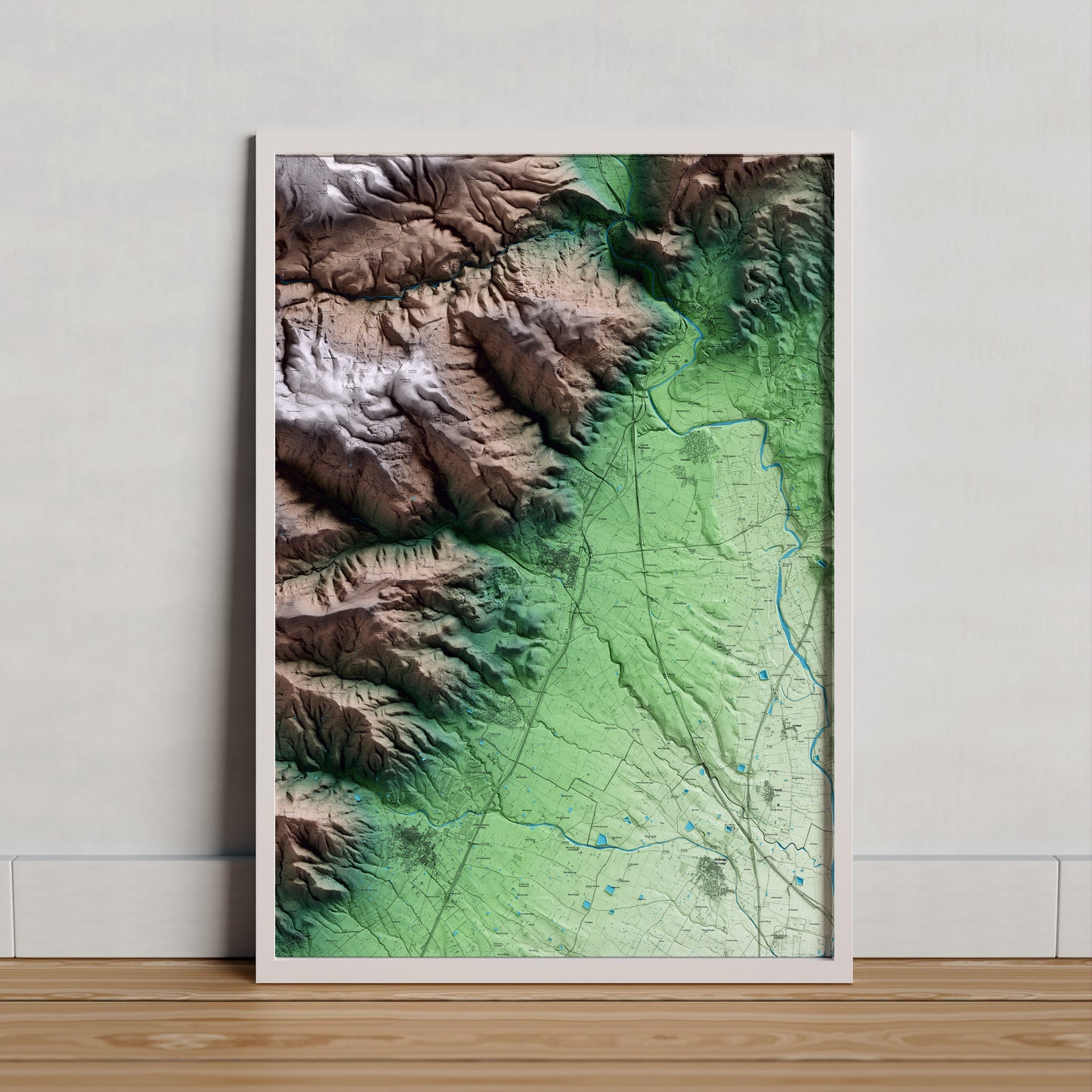 Mapa artístico del relieve de Alcover, al Alt Camp, con 15 km de entorno y base topográfica ICGC. Presentación enmarcada.