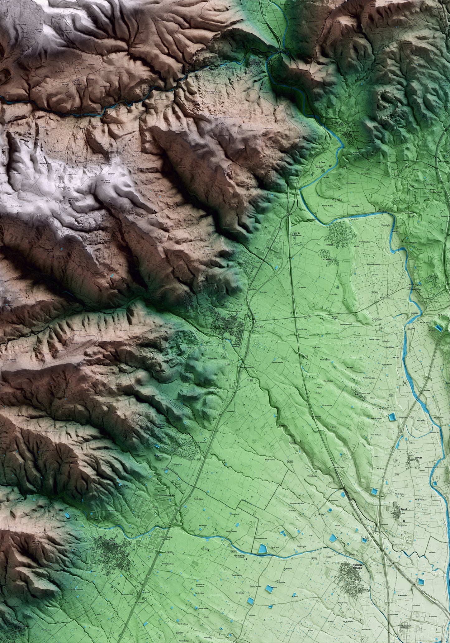 Mapa artístico del relieve de Alcover, al Alt Camp, con 15 km de entorno y base topográfica ICGC