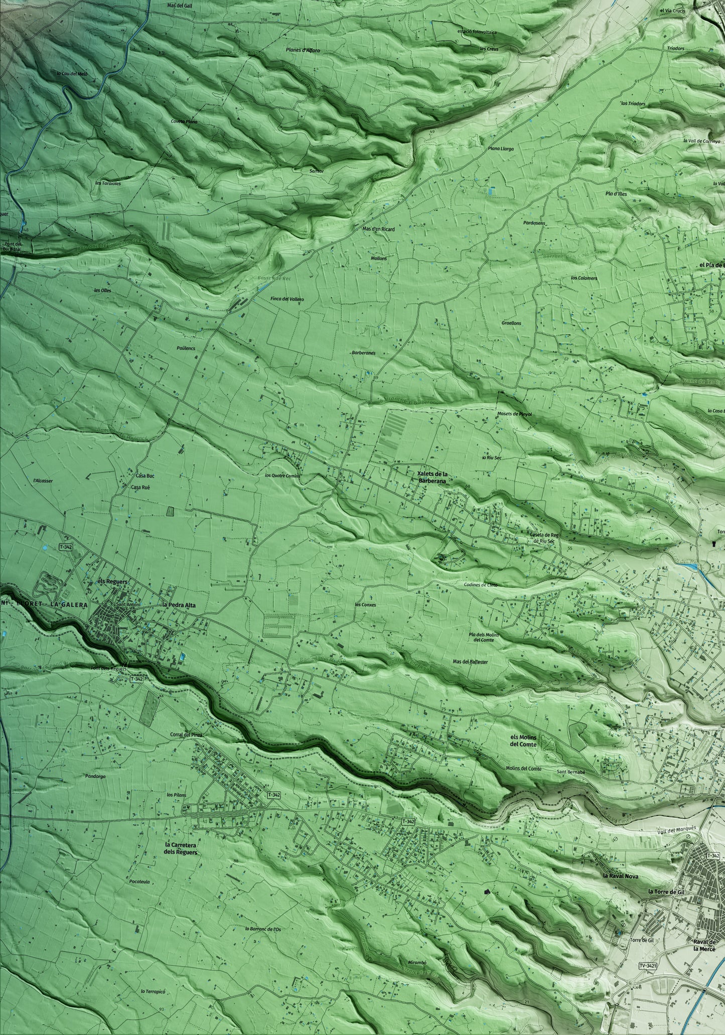 Mapa artístico del relieve de Aldover, al Baix Ebre, con 15 km de entorno y base topográfica ICGC. Detalle de la zona inferior izquierda.