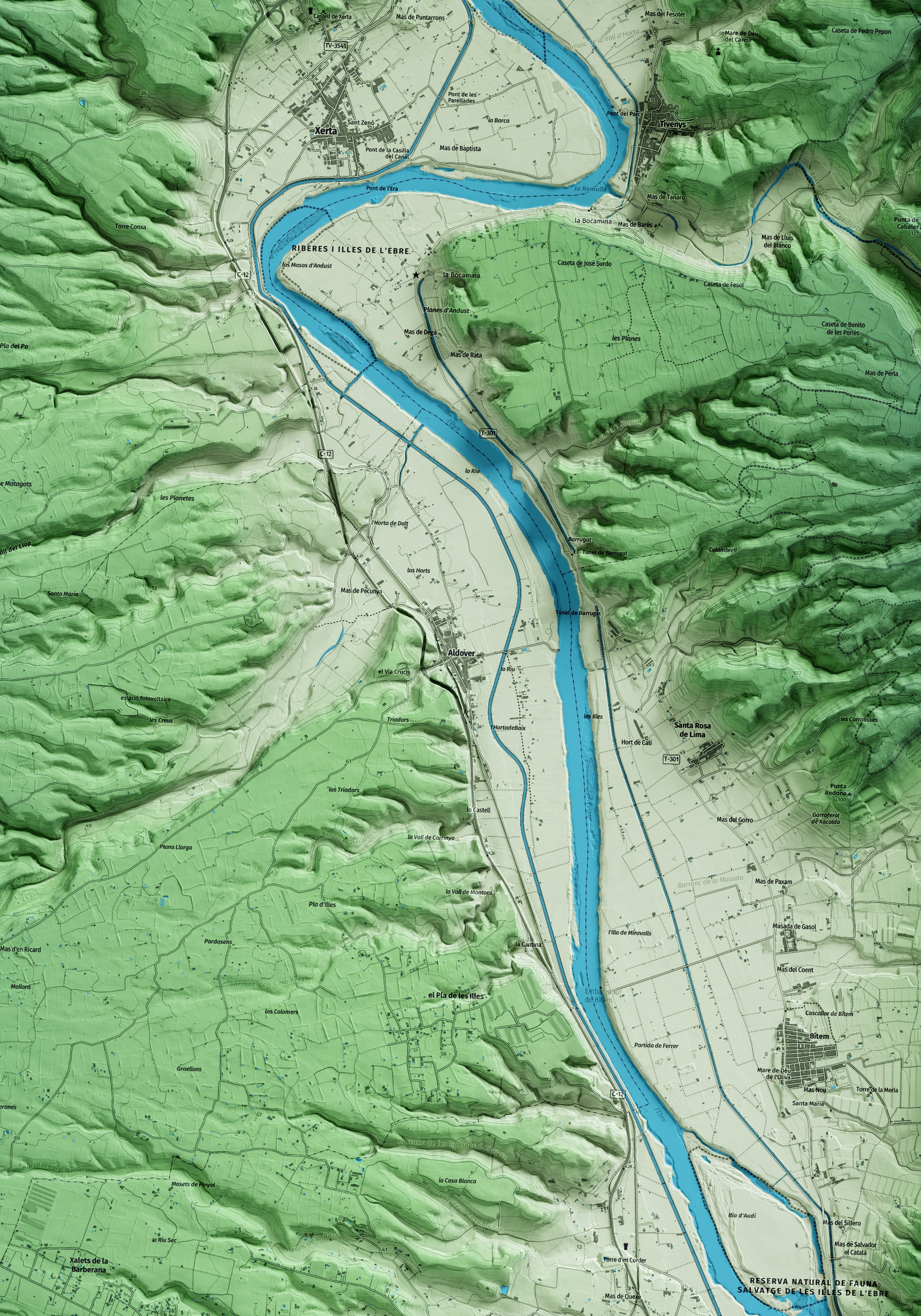 Mapa artístico del relieve de Aldover, al Baix Ebre, con 15 km de entorno y base topográfica ICGC. Detalle de la zona central.