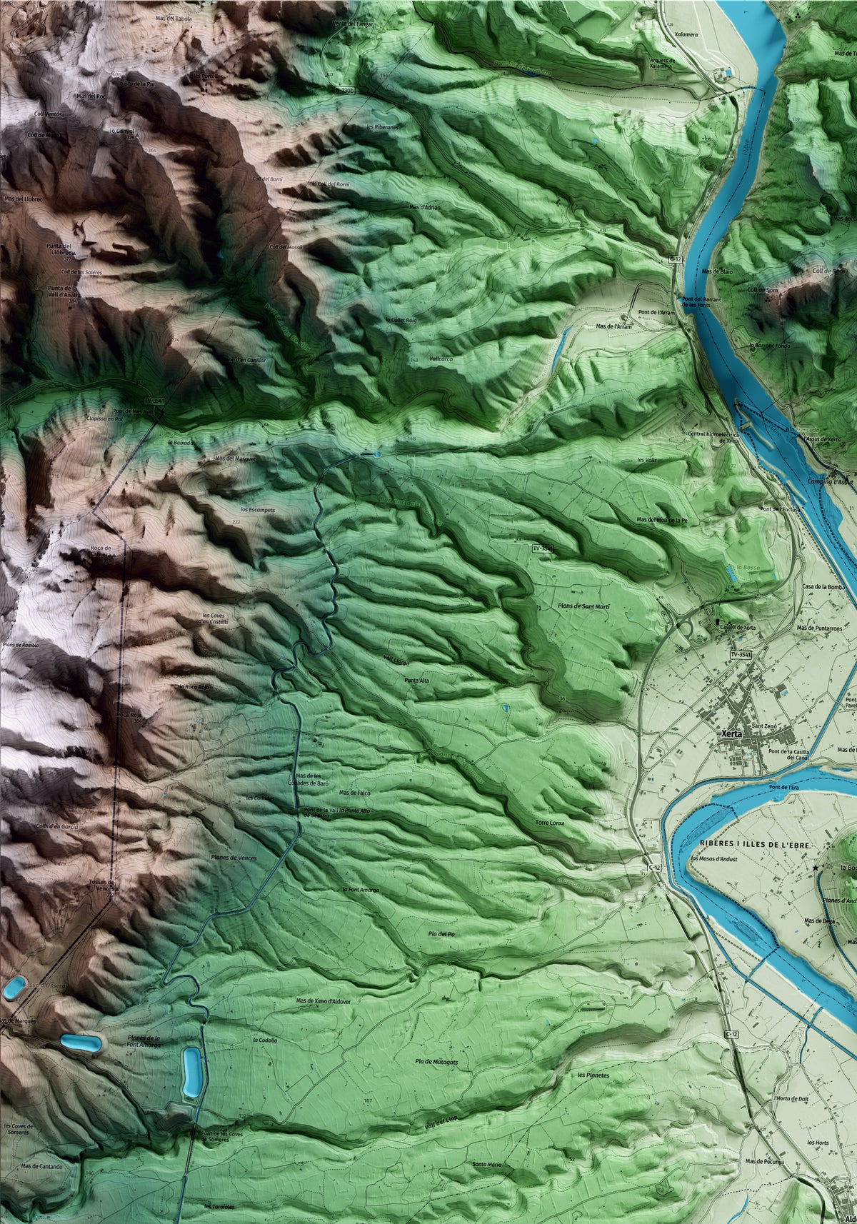 Mapa artístico del relieve de Aldover, al Baix Ebre, con 15 km de entorno y base topográfica ICGC. Detalle de la zona superior izquierda.