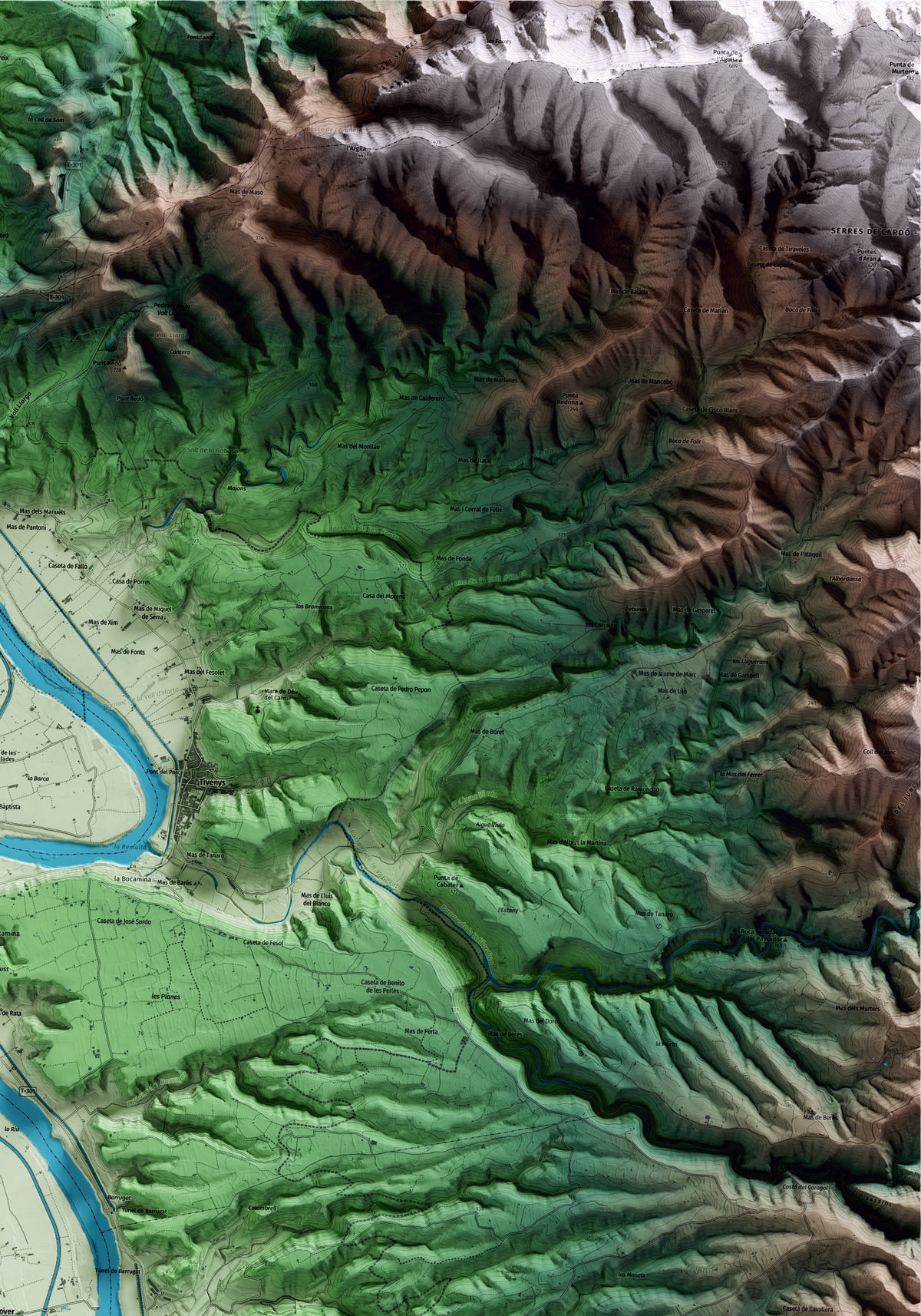 Mapa artístico del relieve de Aldover, al Baix Ebre, con 15 km de entorno y base topográfica ICGC. Detalle de la zona superior derecha.