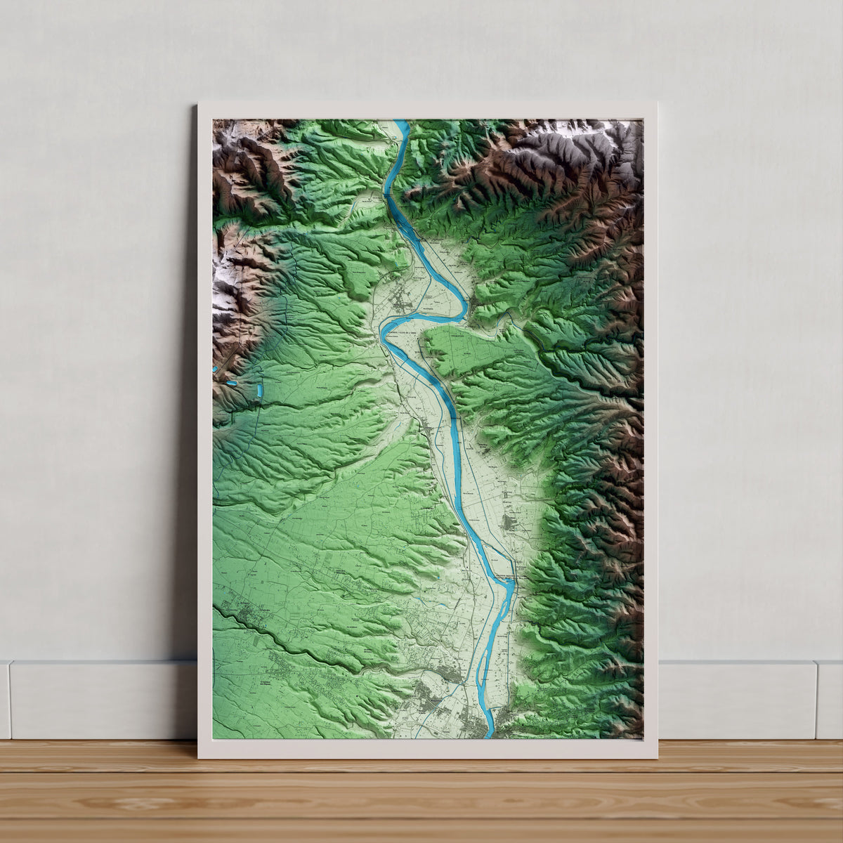Mapa artístico del relieve de Aldover, al Baix Ebre, con 15 km de entorno y base topográfica ICGC. Presentación enmarcada.