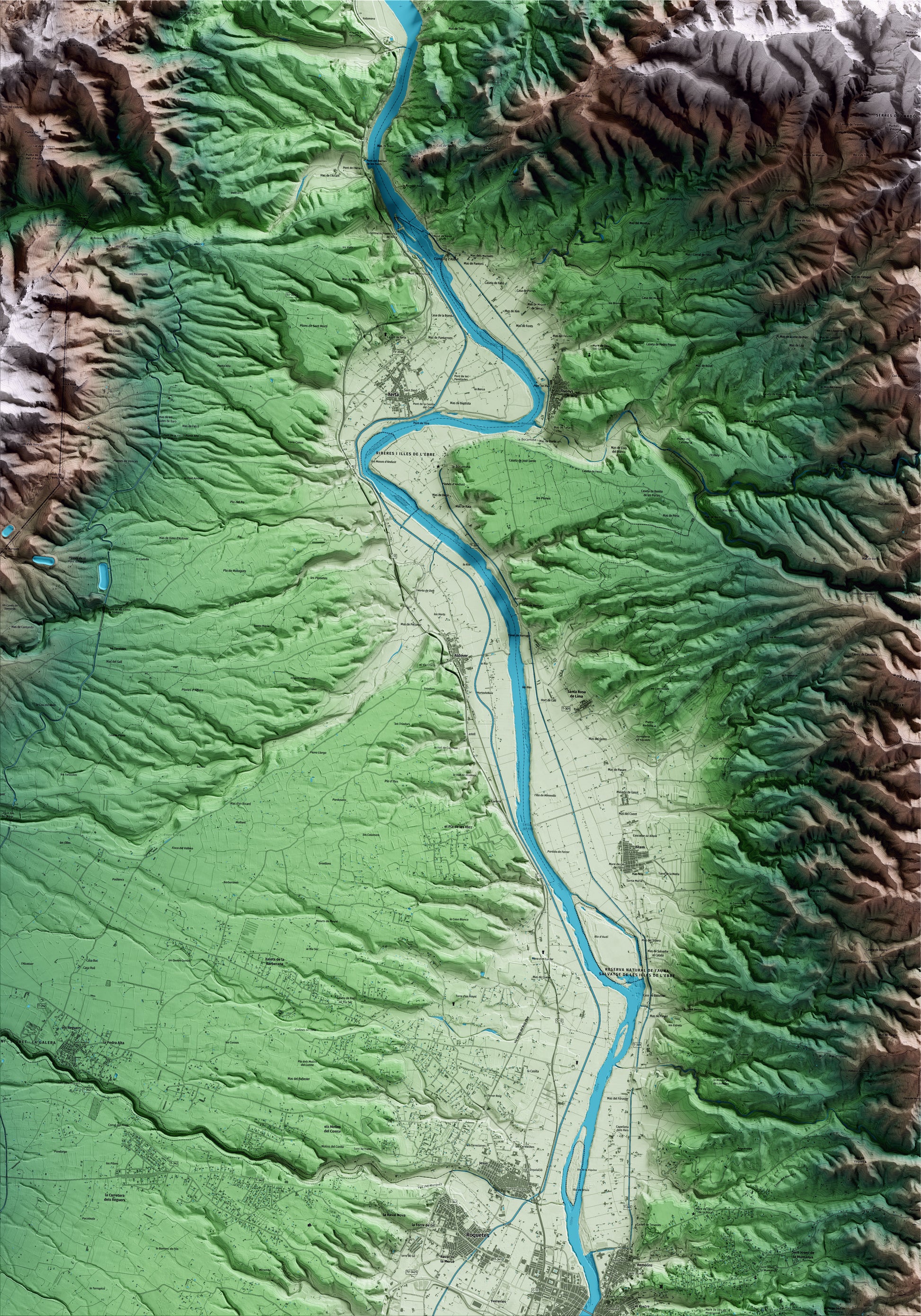 Mapa artístico del relieve de Aldover, al Baix Ebre, con 15 km de entorno y base topográfica ICGC