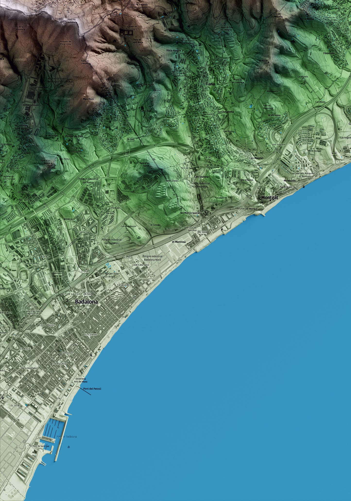 Mapa artístico del relieve de Alella, al Maresme, con 15 km de entorno y base topográfica ICGC. Detalle de la zona inferior izquierda.