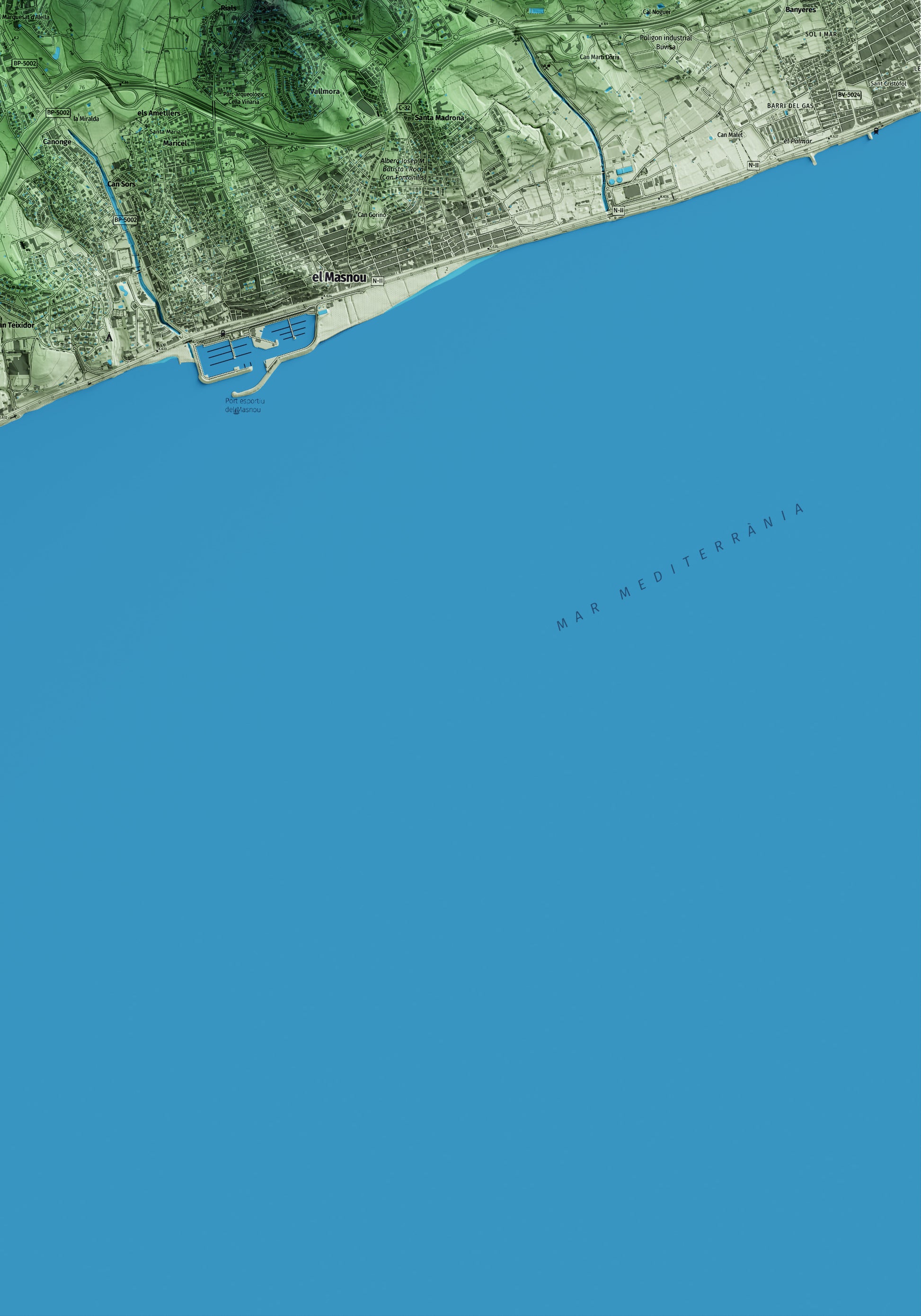 Mapa artístico del relieve de Alella, al Maresme, con 15 km de entorno y base topográfica ICGC. Detalle de la zona inferior derecha.