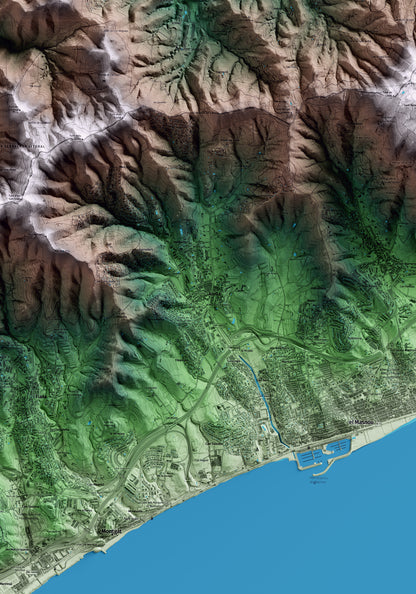 Mapa artístico del relieve de Alella, al Maresme, con 15 km de entorno y base topográfica ICGC. Detalle de la zona central.