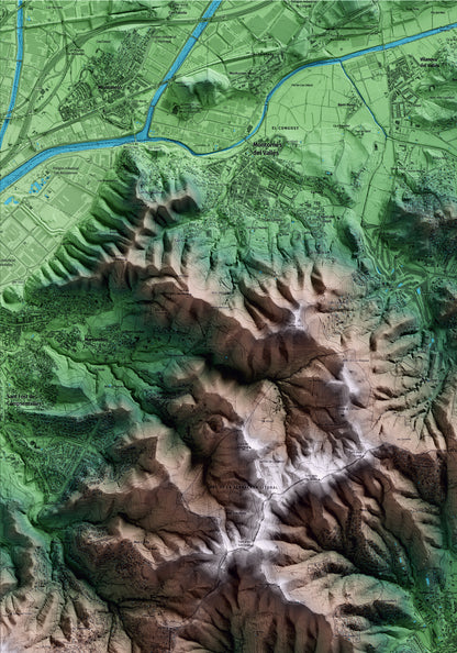 Mapa artístico del relieve de Alella, al Maresme, con 15 km de entorno y base topográfica ICGC. Detalle de la zona superior izquierda.
