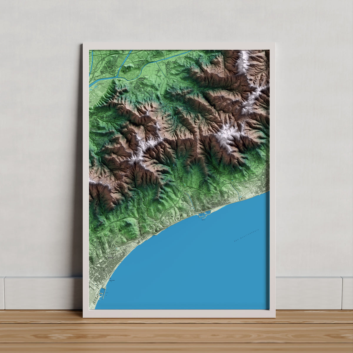 Mapa artístico del relieve de Alella, al Maresme, con 15 km de entorno y base topográfica ICGC. Presentación enmarcada.