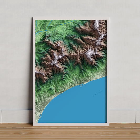 Mapa artístico del relieve de Alella, al Maresme, con 15 km de entorno y base topográfica ICGC. Presentación enmarcada.