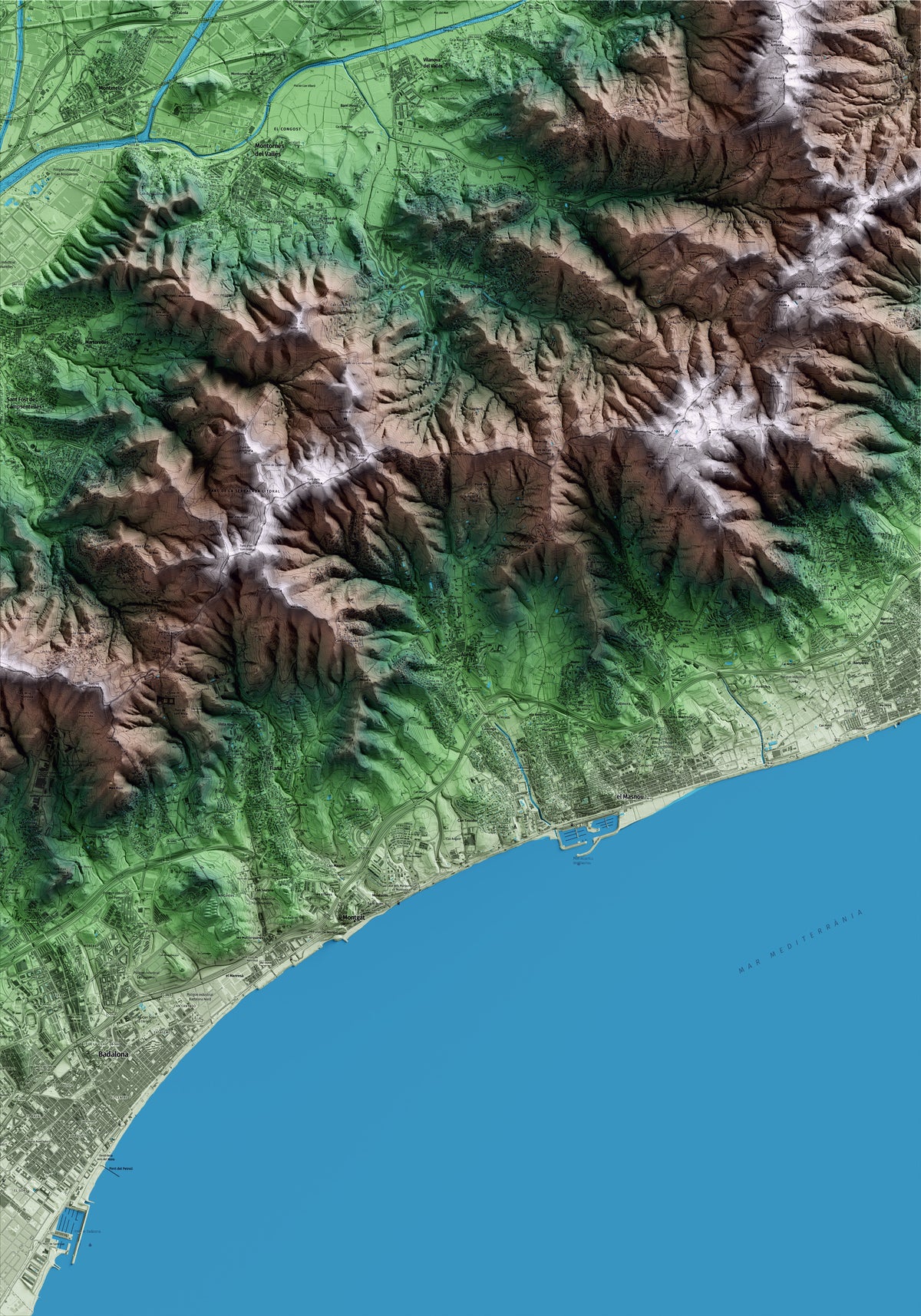 Mapa artístico del relieve de Alella, al Maresme, con 15 km de entorno y base topográfica ICGC