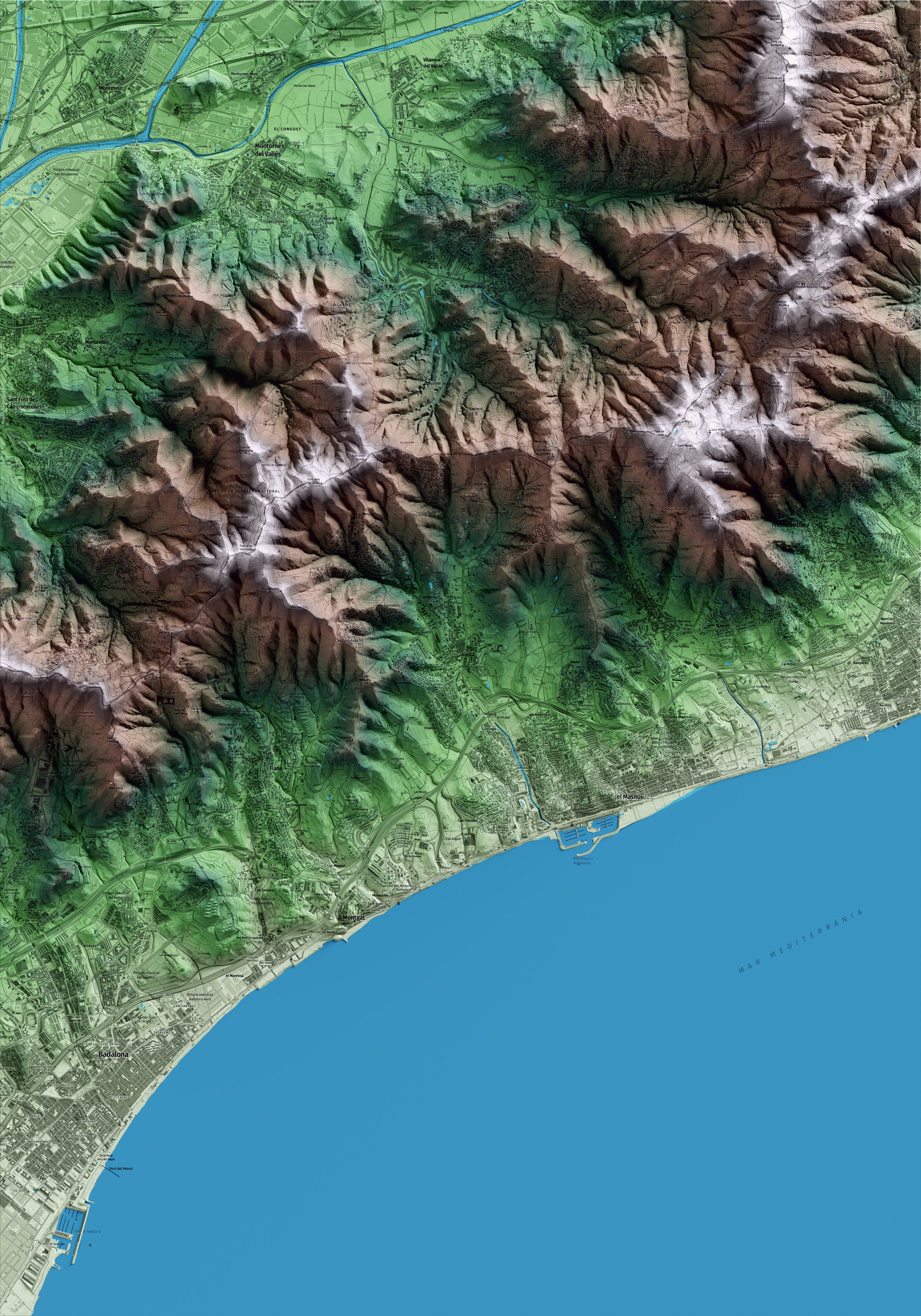 Mapa artístico del relieve de Alella, al Maresme, con 15 km de entorno y base topográfica ICGC