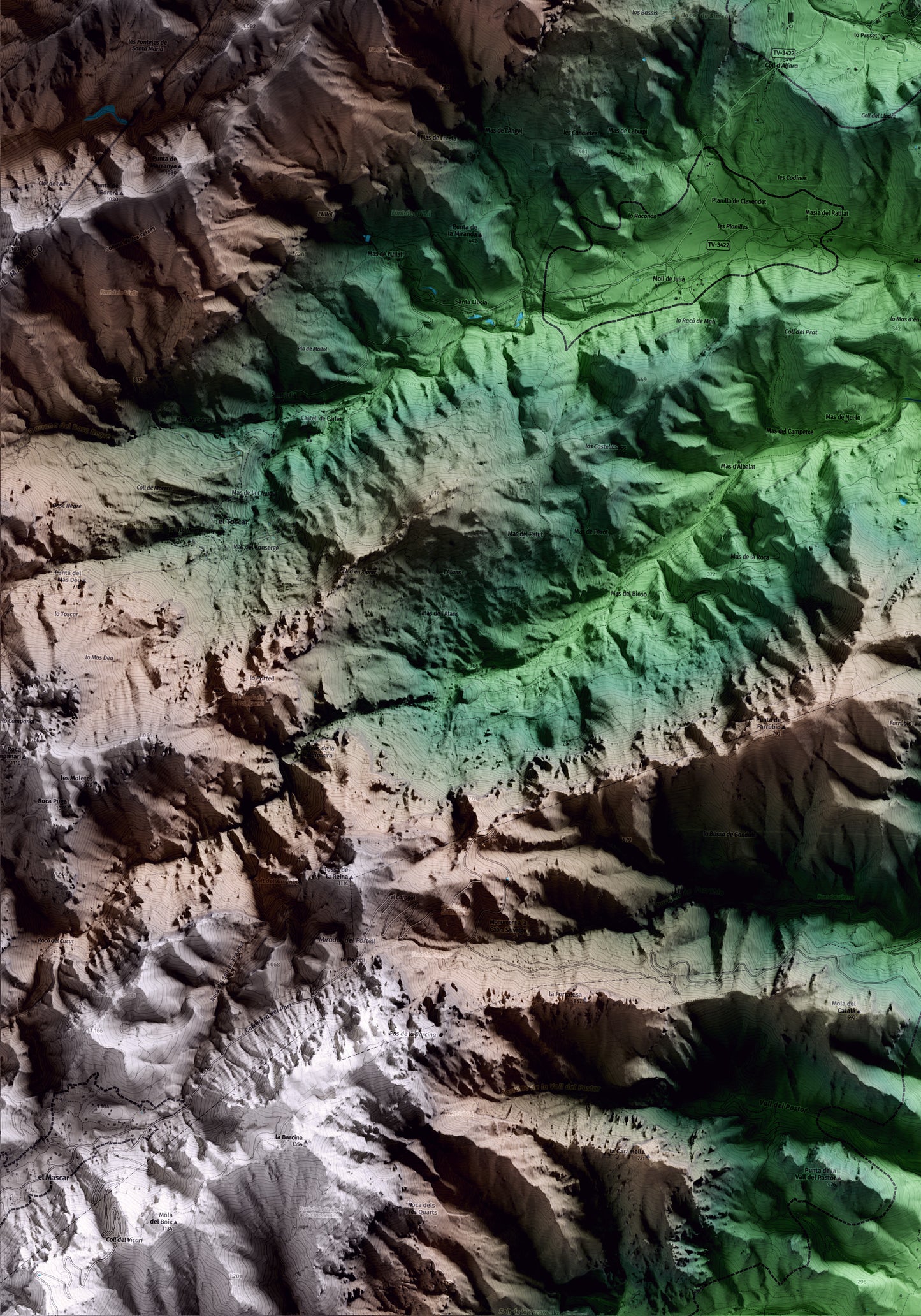 Mapa artístico del relieve de Alfara de Carles, al Baix Ebre, con 15 km de entorno y base topográfica ICGC. Detalle de la zona inferior izquierda.