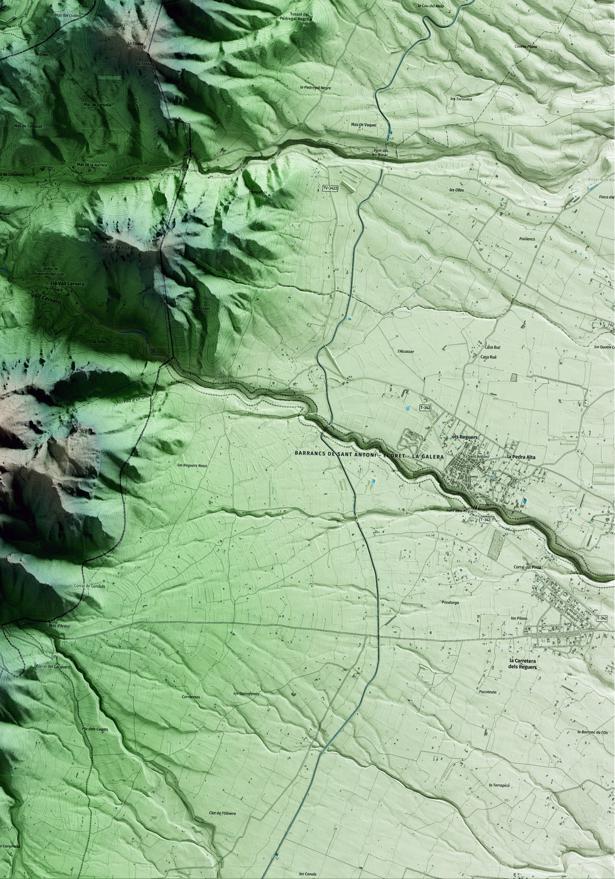 Mapa artístico del relieve de Alfara de Carles, al Baix Ebre, con 15 km de entorno y base topográfica ICGC. Detalle de la zona inferior derecha.